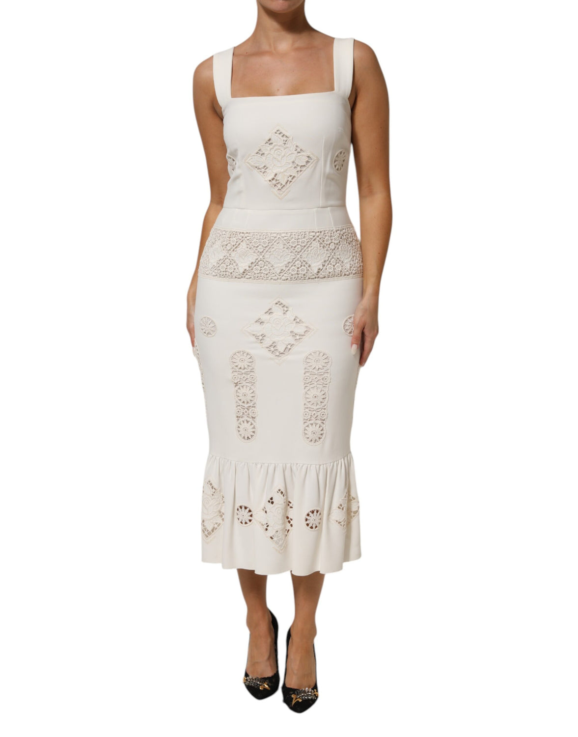 White Floral Lace Sleeveless Midi Dress