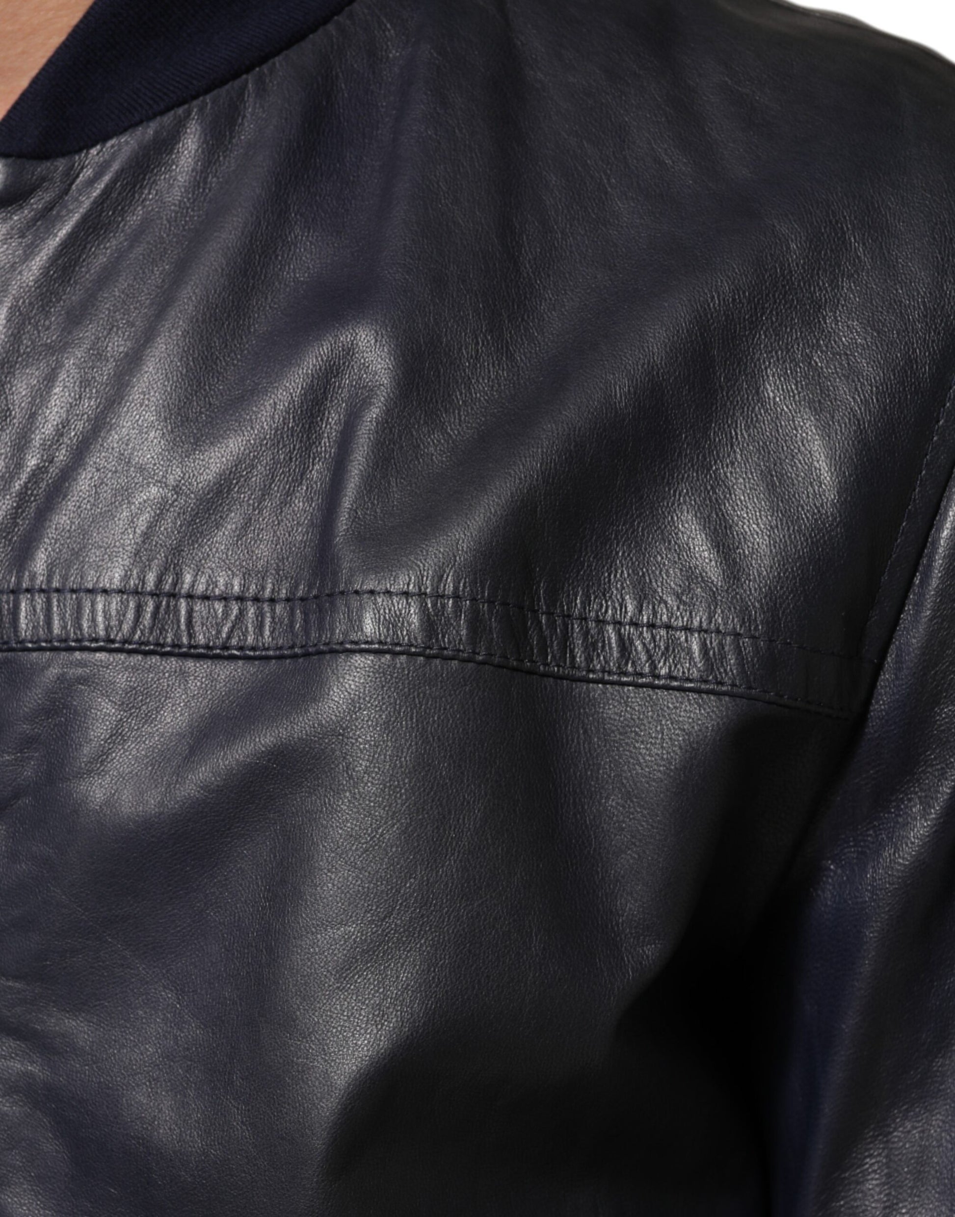 Blue Leather Full Zip Biker Blouson Jacket