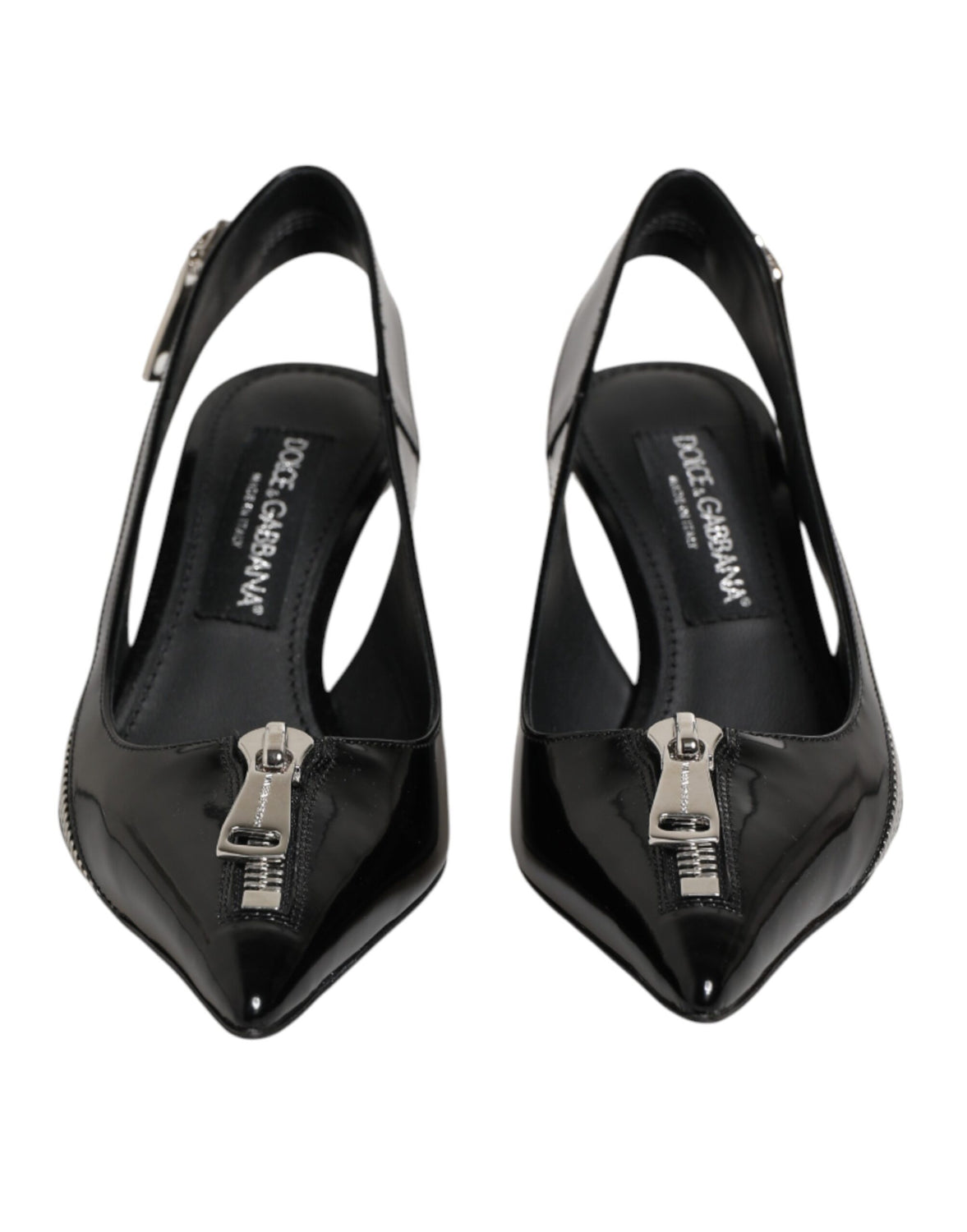 Black Zipper Leather Heels Slingbacks Shoes