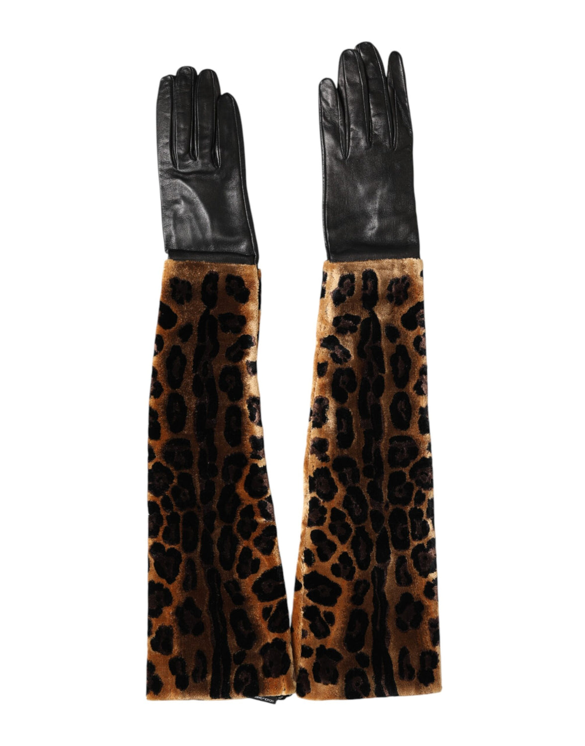 Brown Black Leopard Leather Elbow Length Mitten Gloves