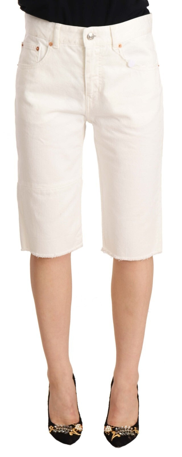 White Mid Waist Knee Length Bermuda Shorts