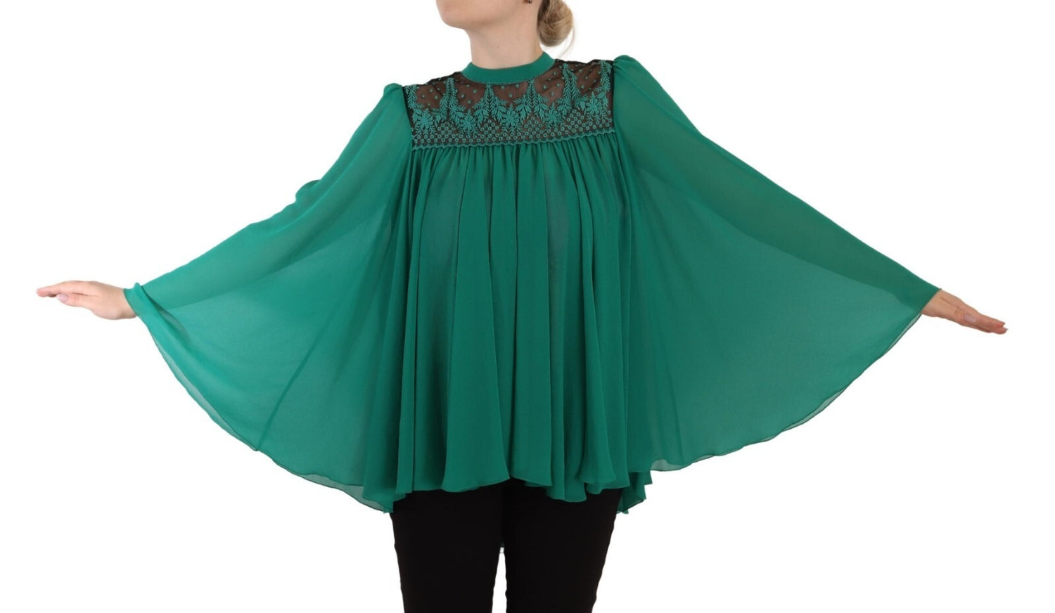 Green Lace Polyester Long Sleeves Pleated Top Blouse