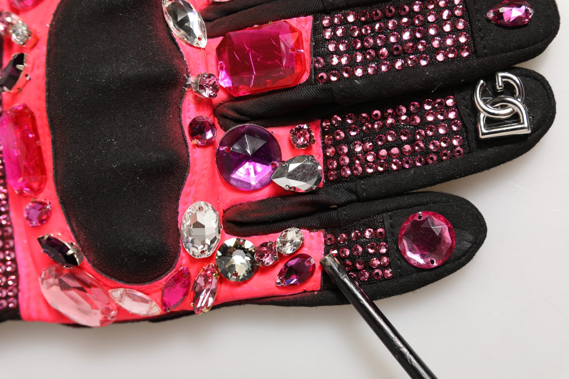 Black Pink Crystal Wrist Length Mitten Gloves