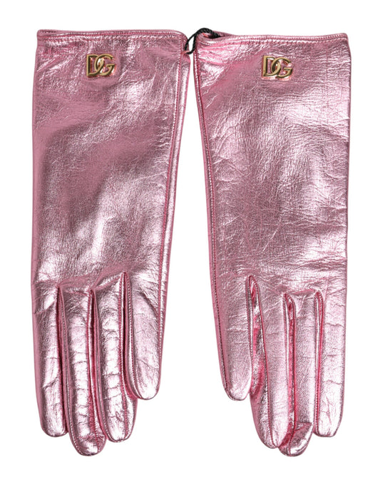 Pink Leather DG Logo Wrist Length Mitten Gloves