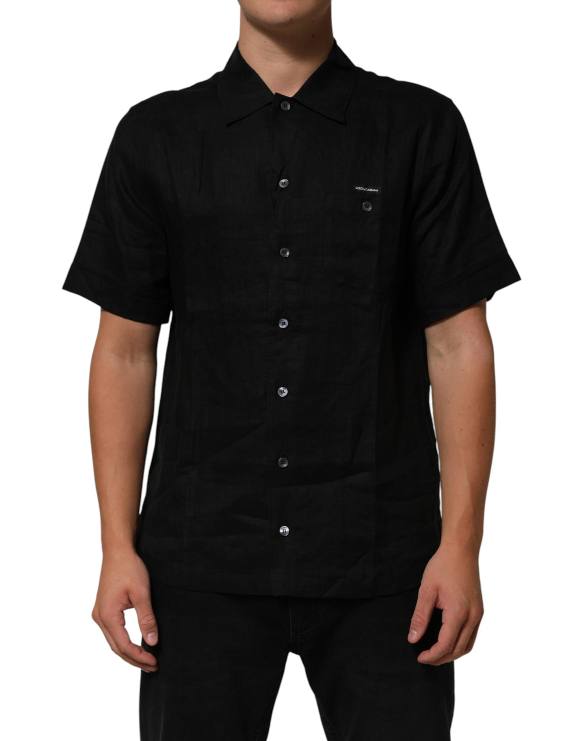 Black Linen Collared Short Sleeve Polo Shirt