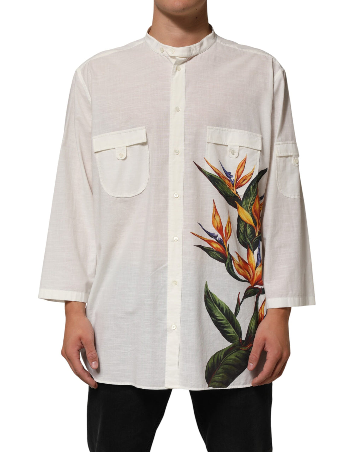 White Cotton Floral Print Button Down Shirt