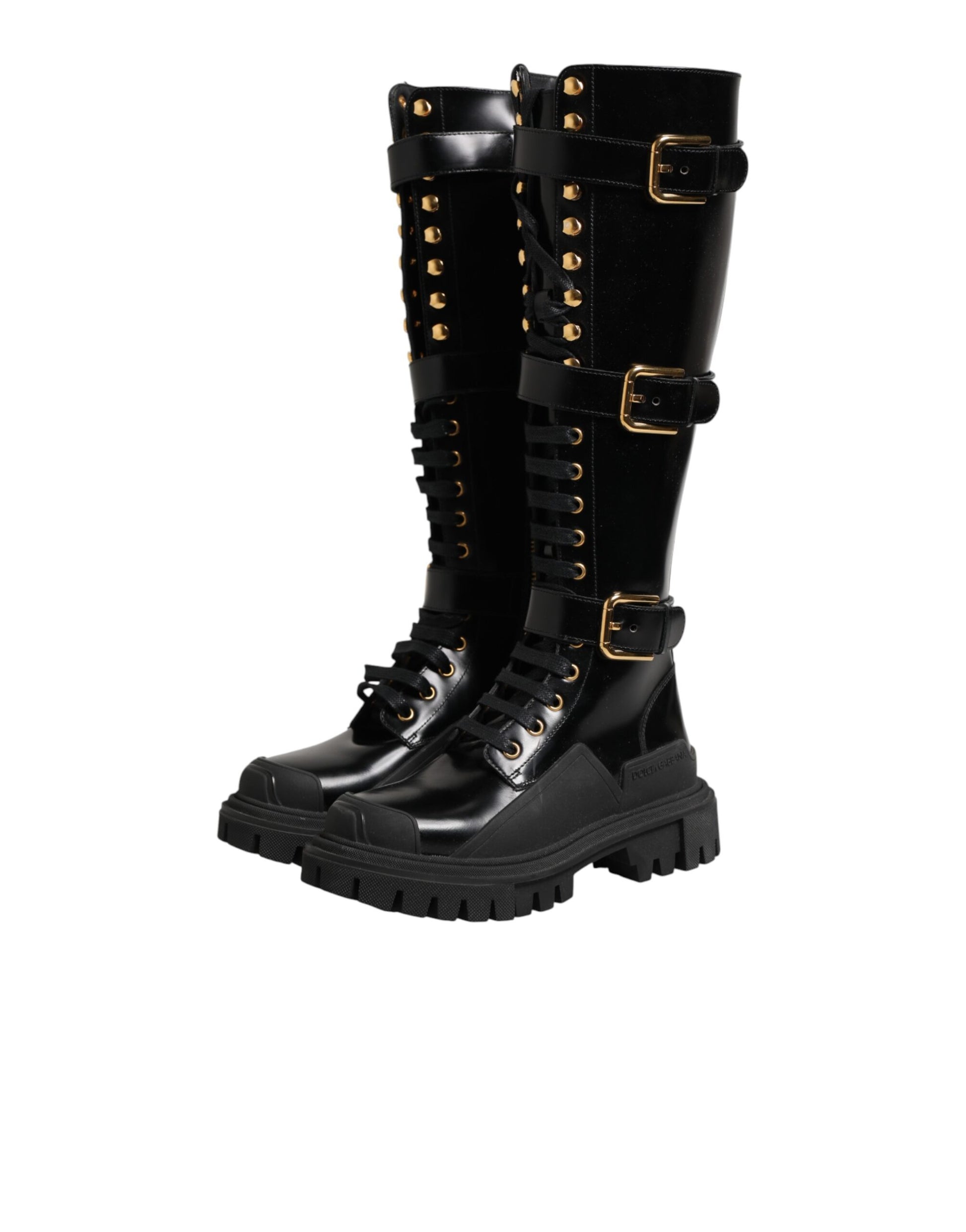 Black Buckle Embellished Knee High Boots Shoes