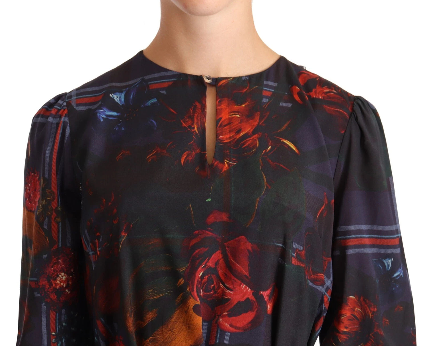 A-line Navy Blue Floral Silk Long Sleeve Knee Length Dress