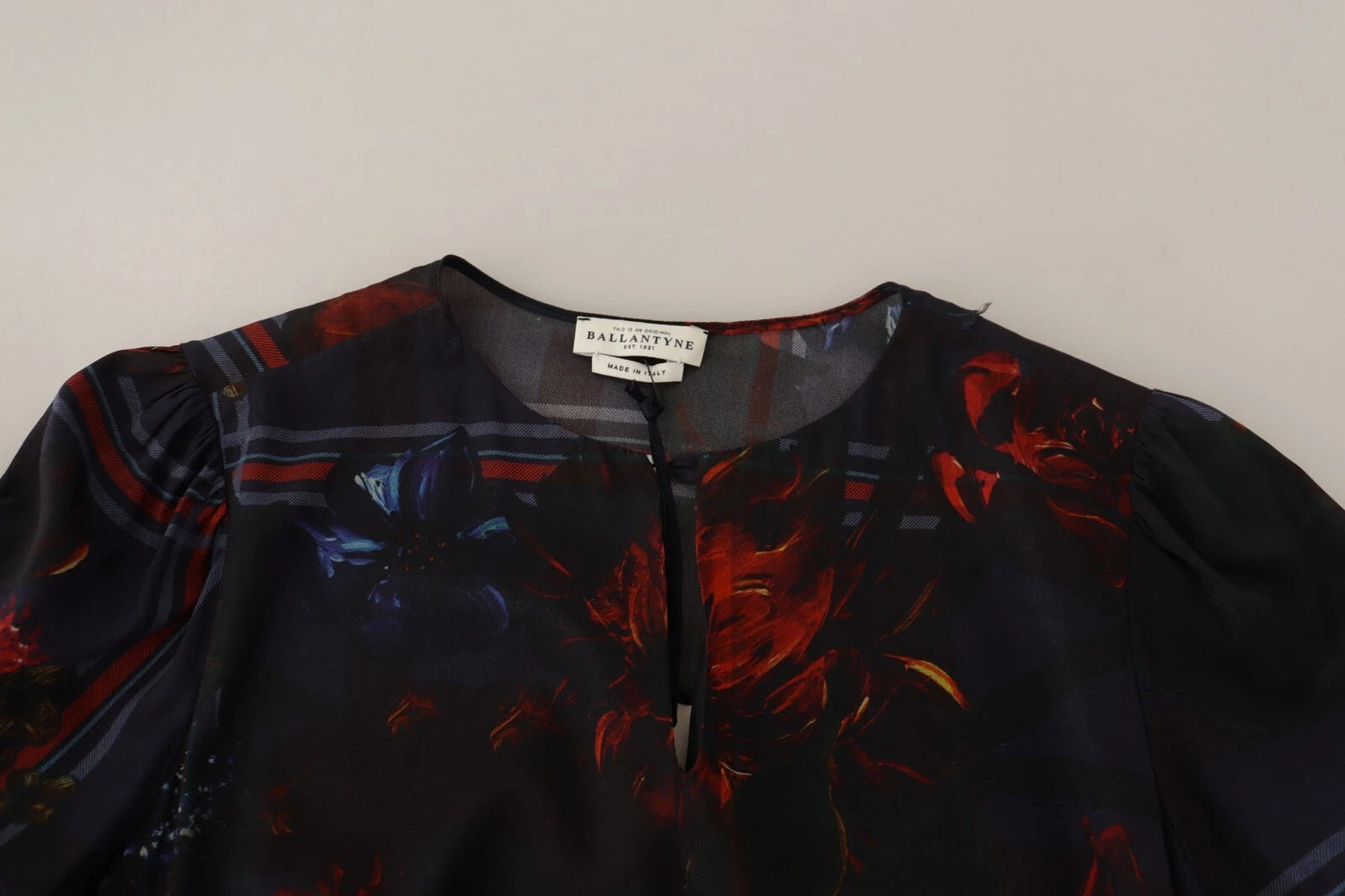 A-line Navy Blue Floral Silk Long Sleeve Knee Length Dress