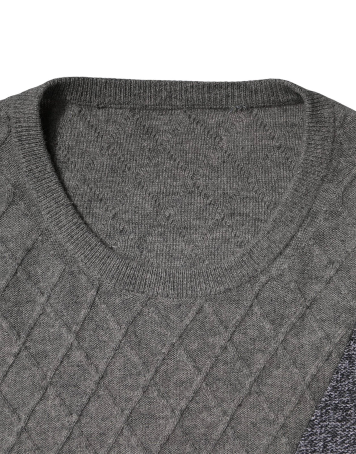 Gray Cashmere Argyle Intarsia Knit Crew Neck Men Sweater