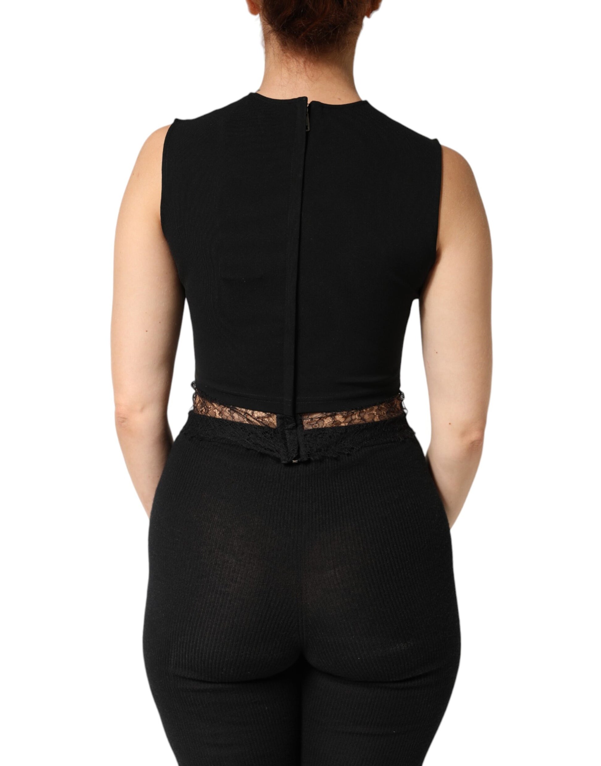 Black Jersey Lace Ruching Rhinestone Tank Top