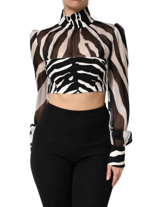Zebra Print Chiffon Paneled Crop Blouse Top