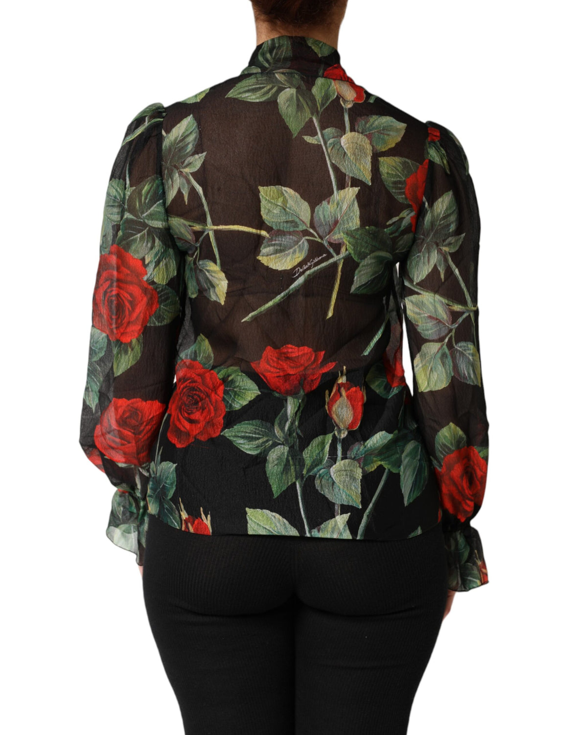Black Floral Long Sleeves Silk Blouse Top