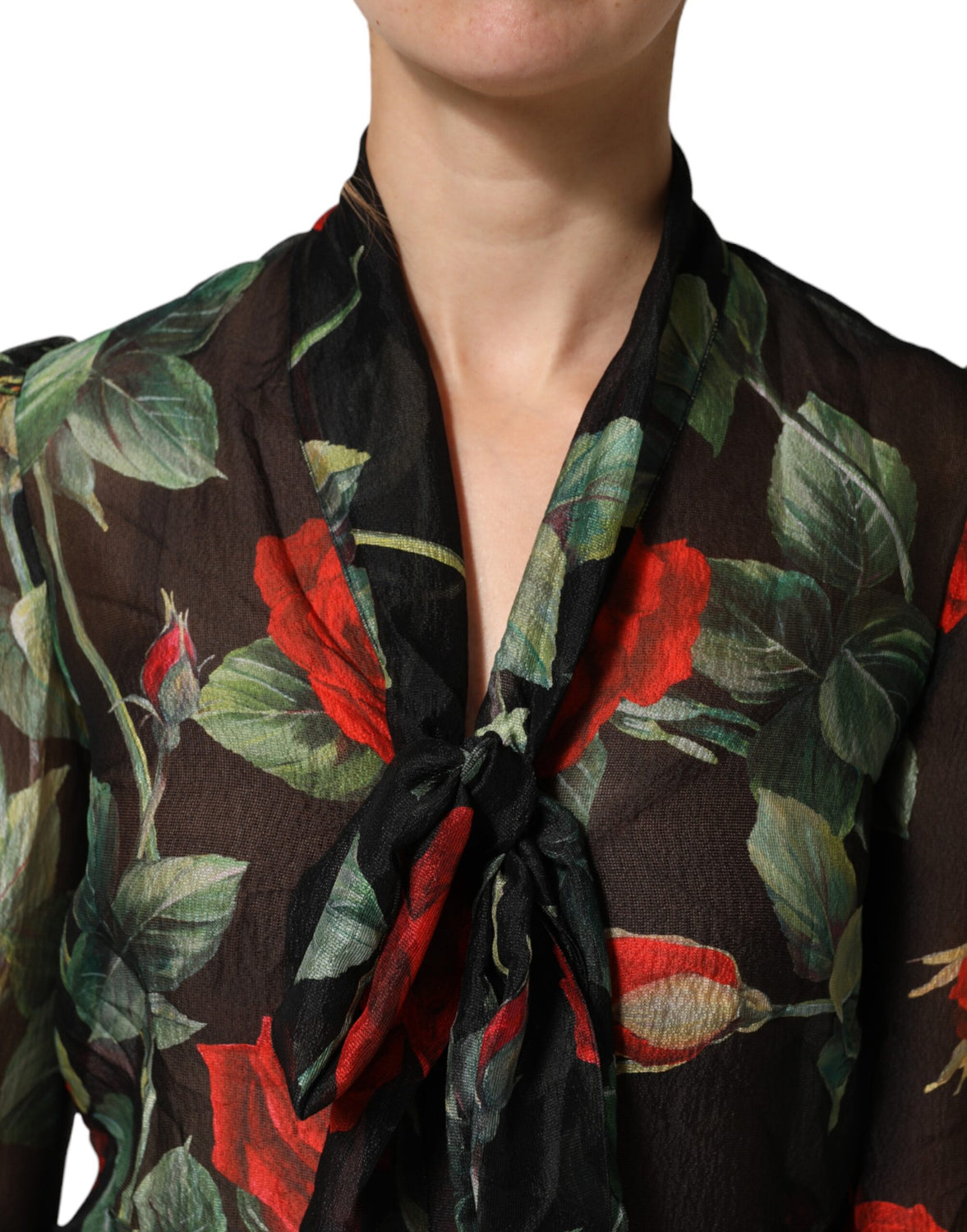 Black Floral Long Sleeves Silk Blouse Top