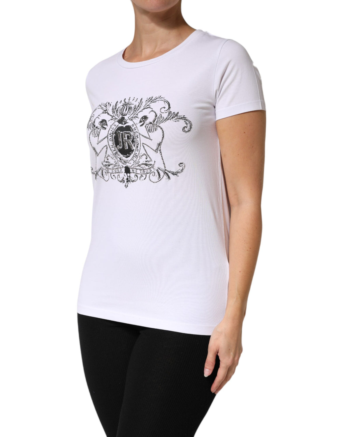 White Printed Cotton Stretch Crew Neck T-shirt