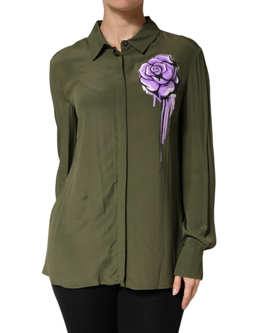Top Green Acetate Collared Long Sleeves Floral Top