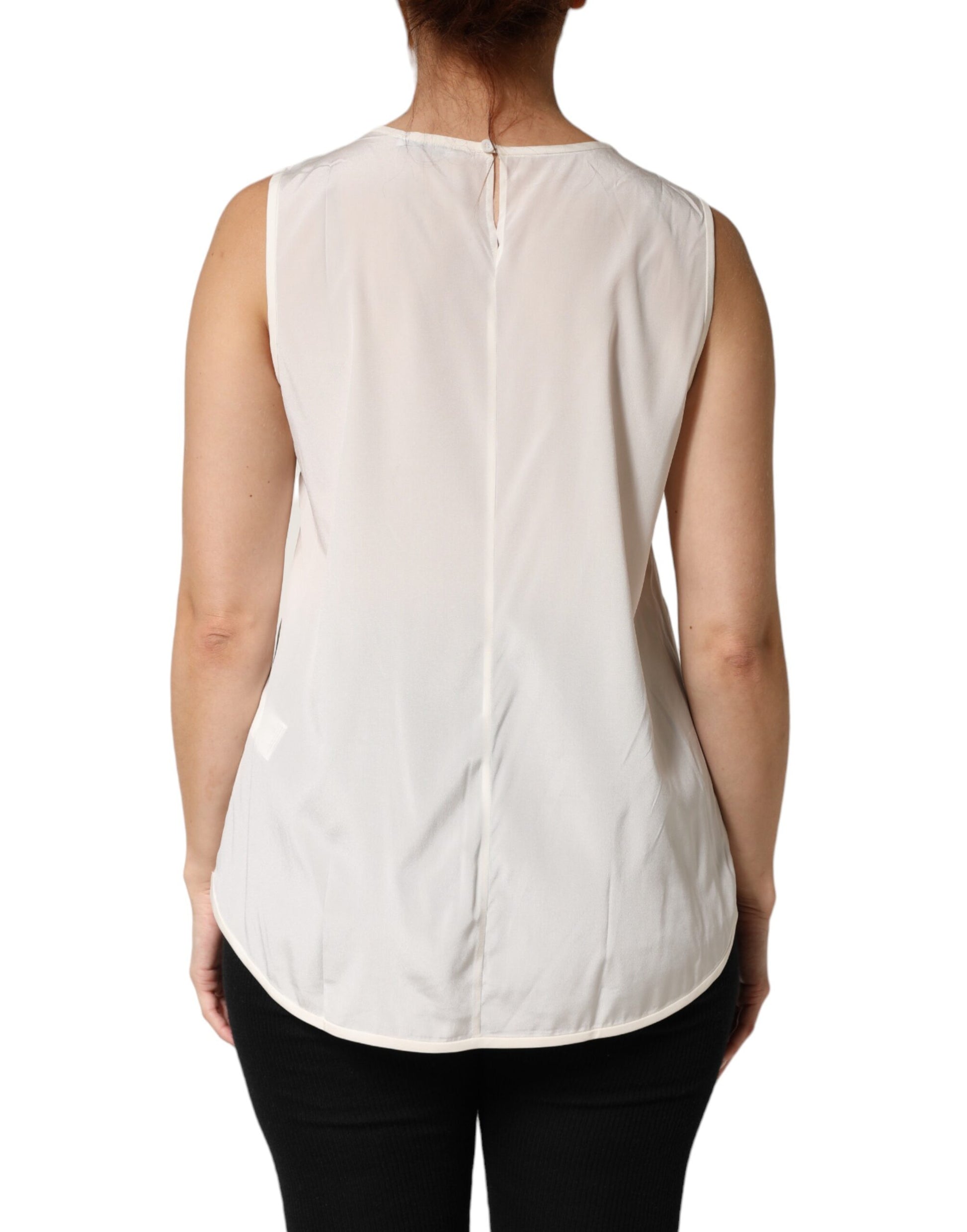 Off White Silk Stretch Roundneck Sleeveless Tank Top