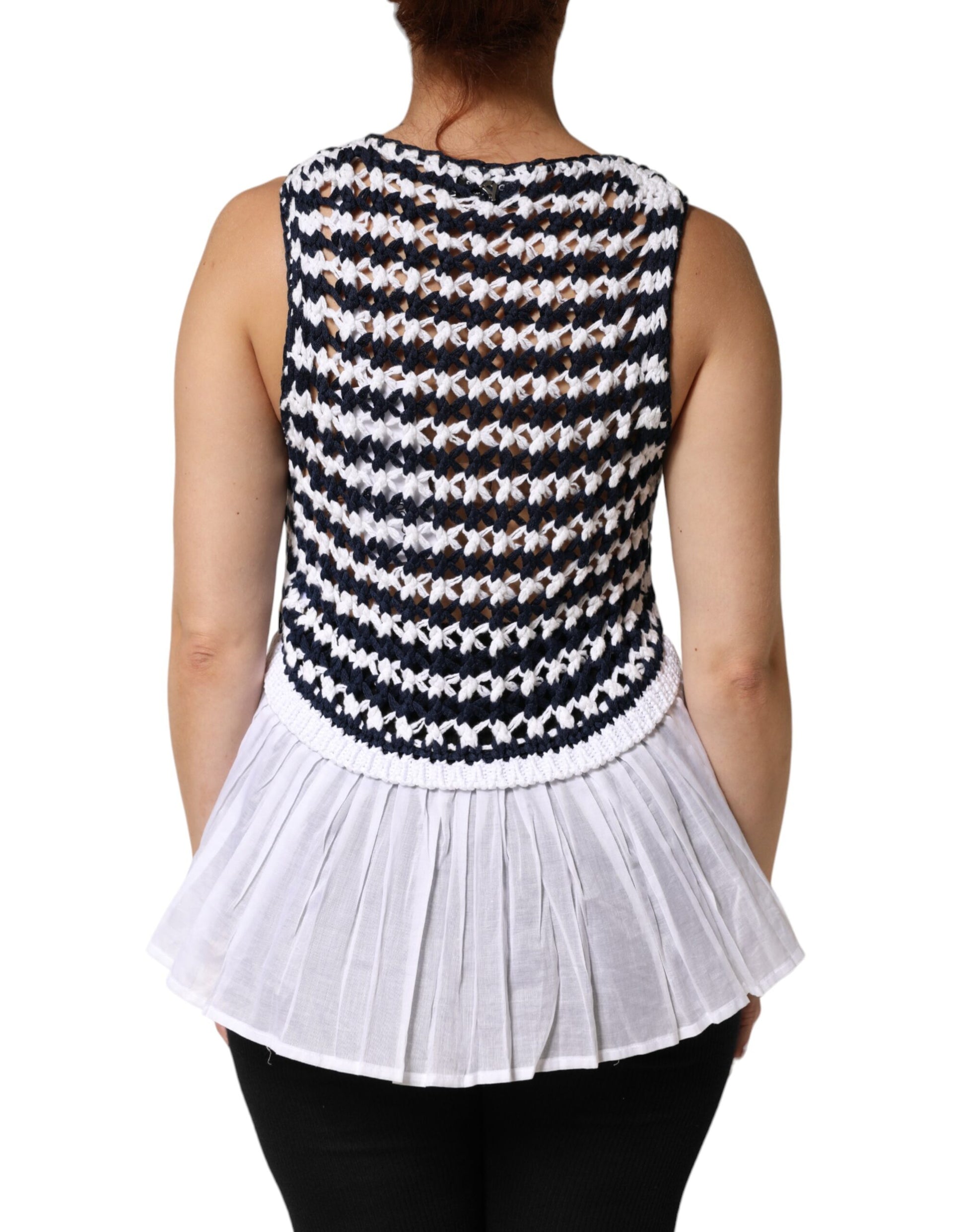 White Black Knitted Round Neck Sleeveless Tank Top