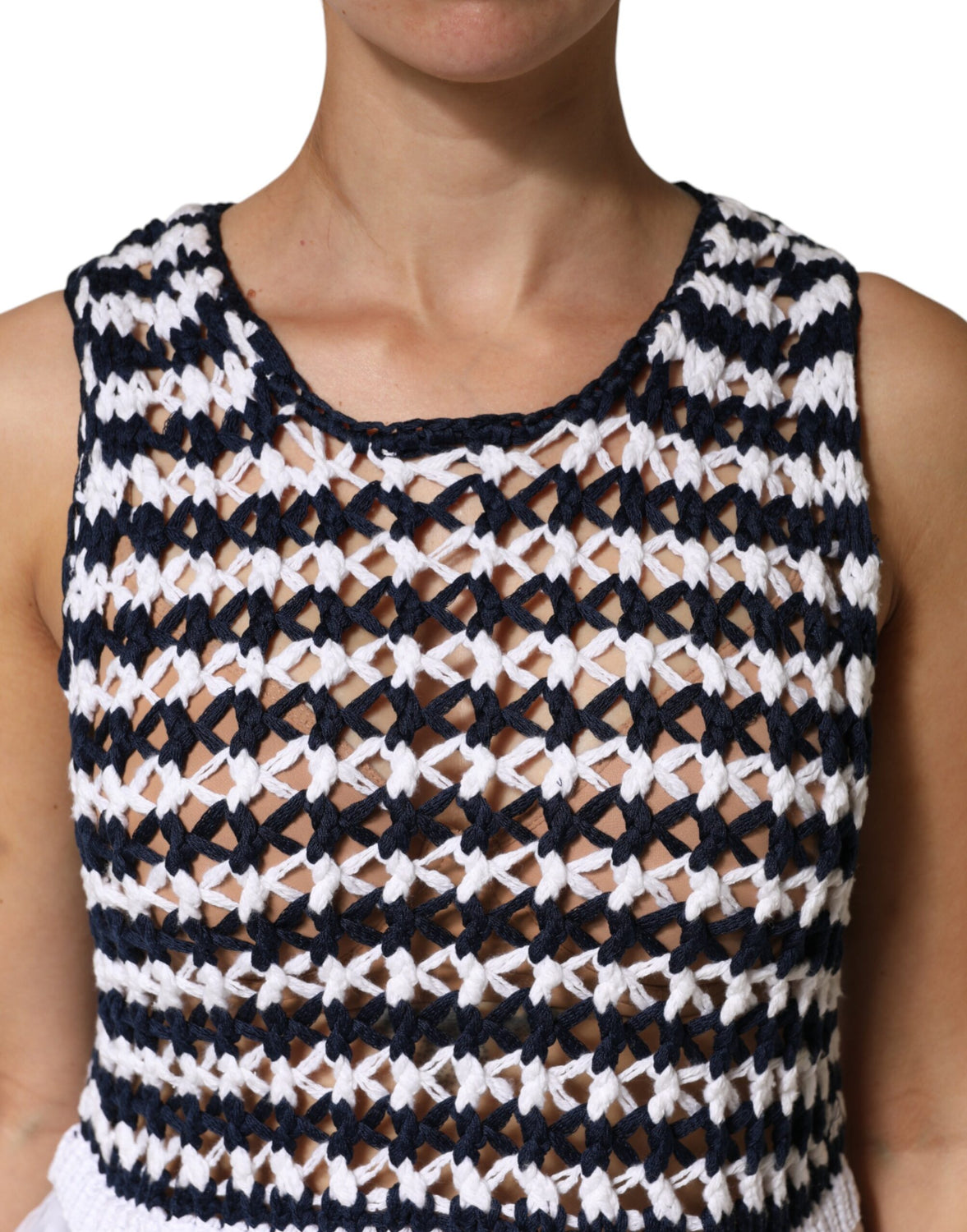 White Black Knitted Round Neck Sleeveless Tank Top