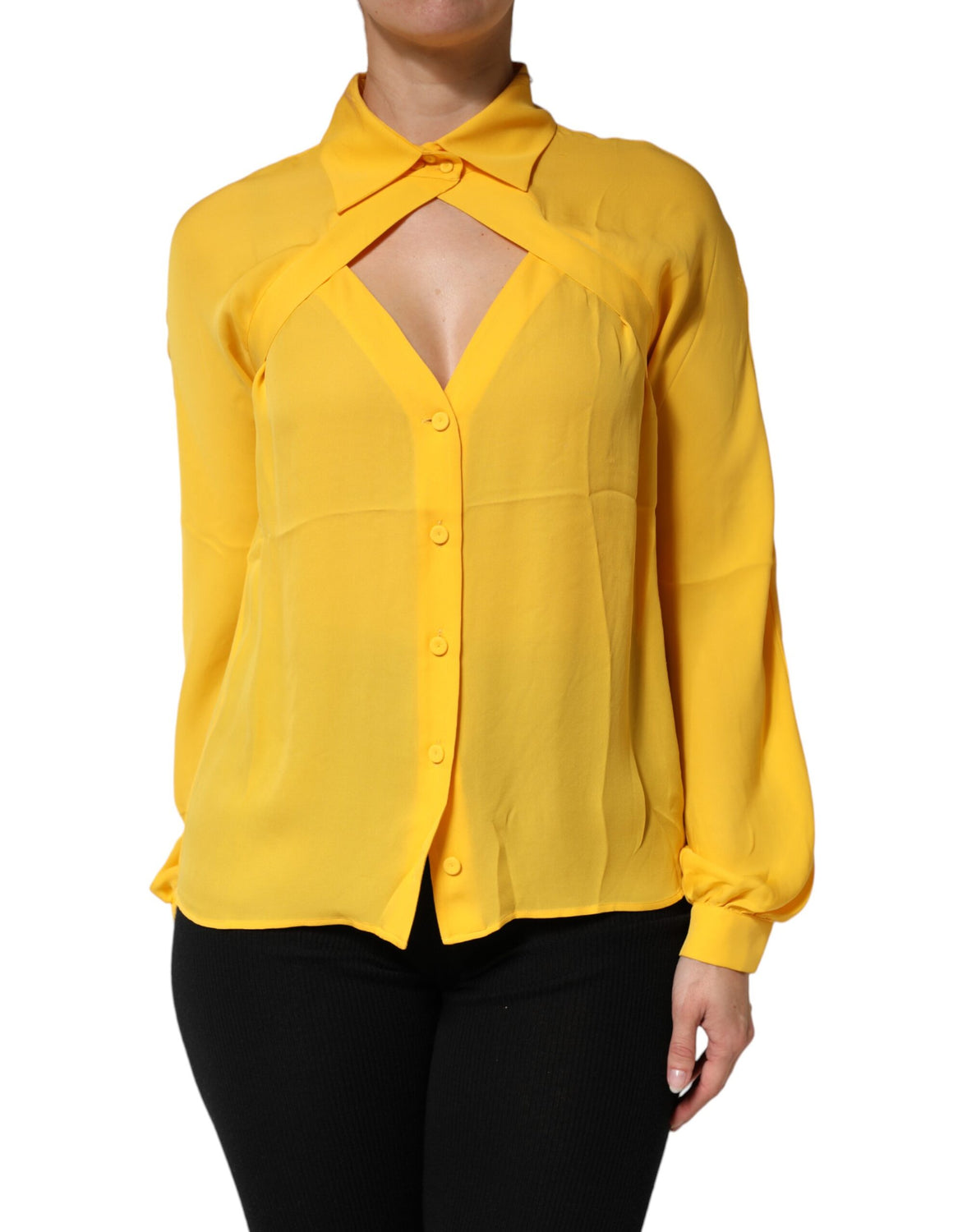 Yellow Silk Collared Long Sleeves  Top