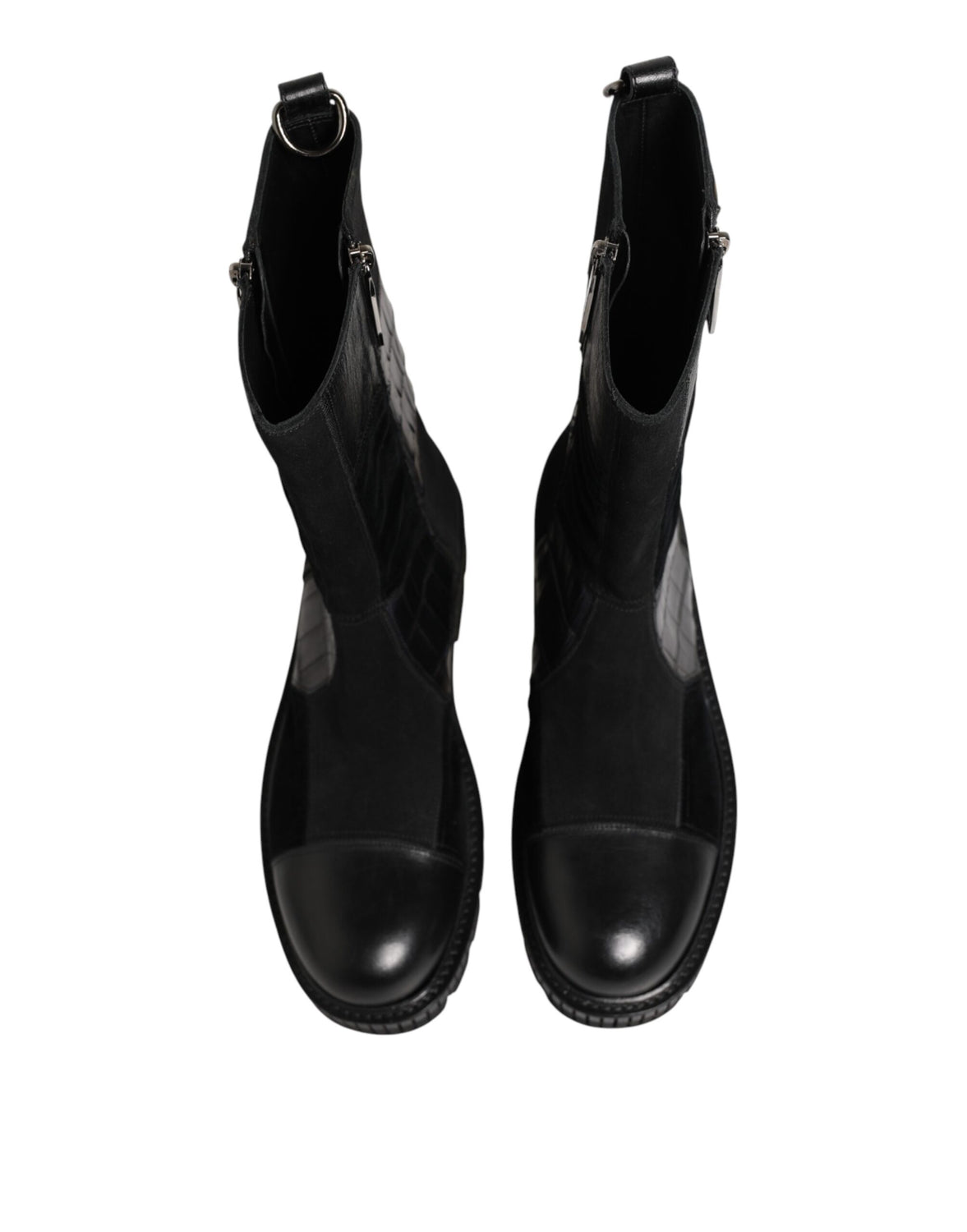 Black Patchwork Leather Mid Calf Boot  Shoes