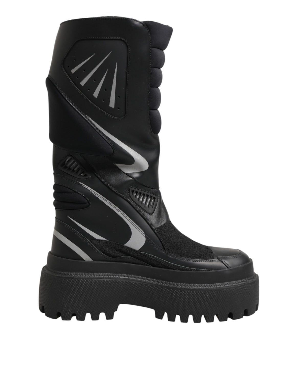Black Leather Mid Calf Biker Boots Shoes