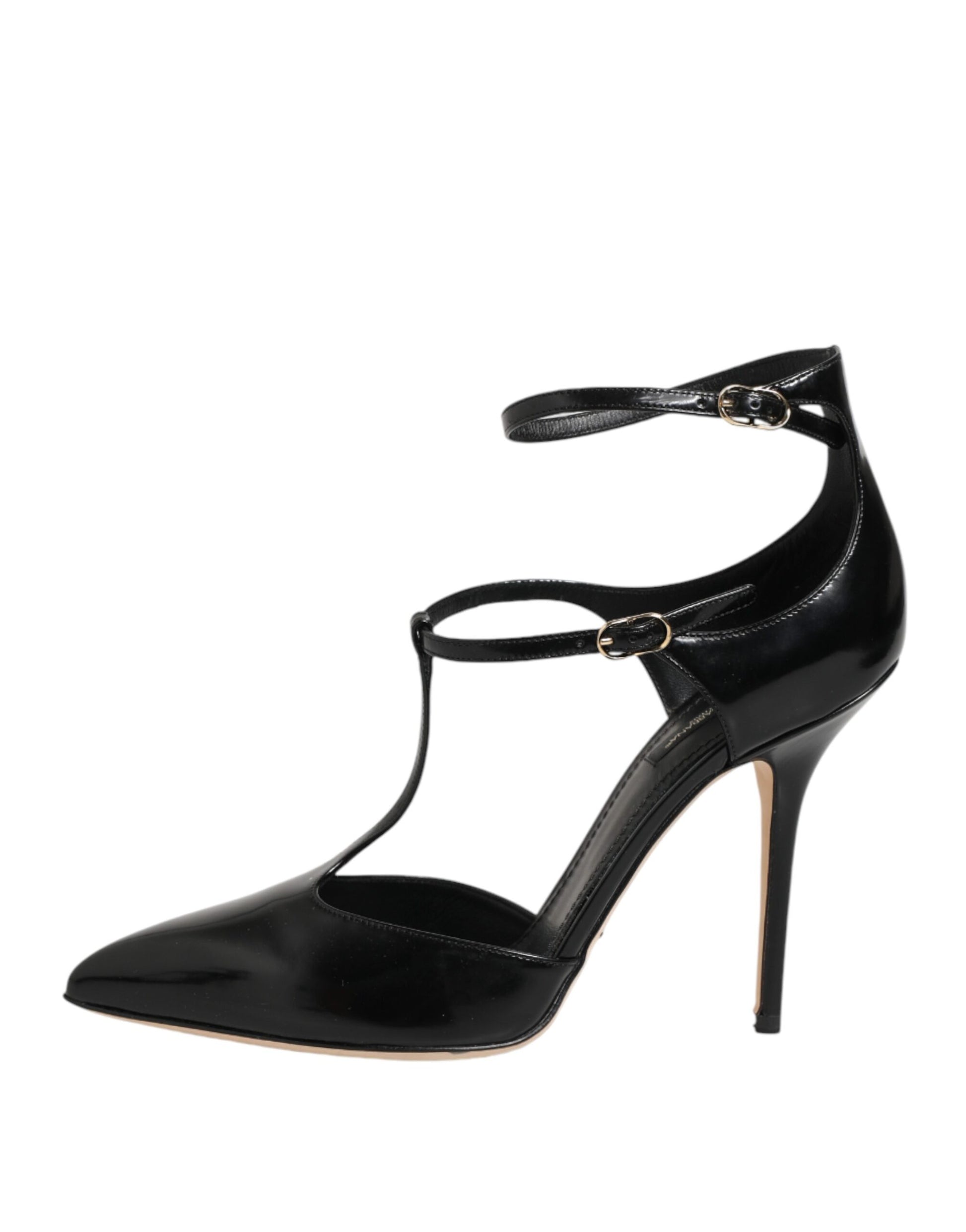 Black Leather T-STRAPS Heels Sandals Shoes