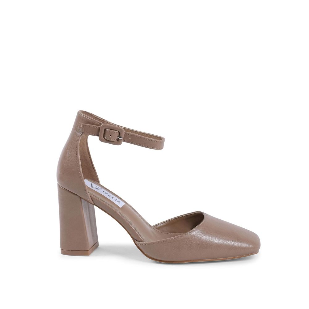 Beige Artificial Leather Mid Heel Pumps