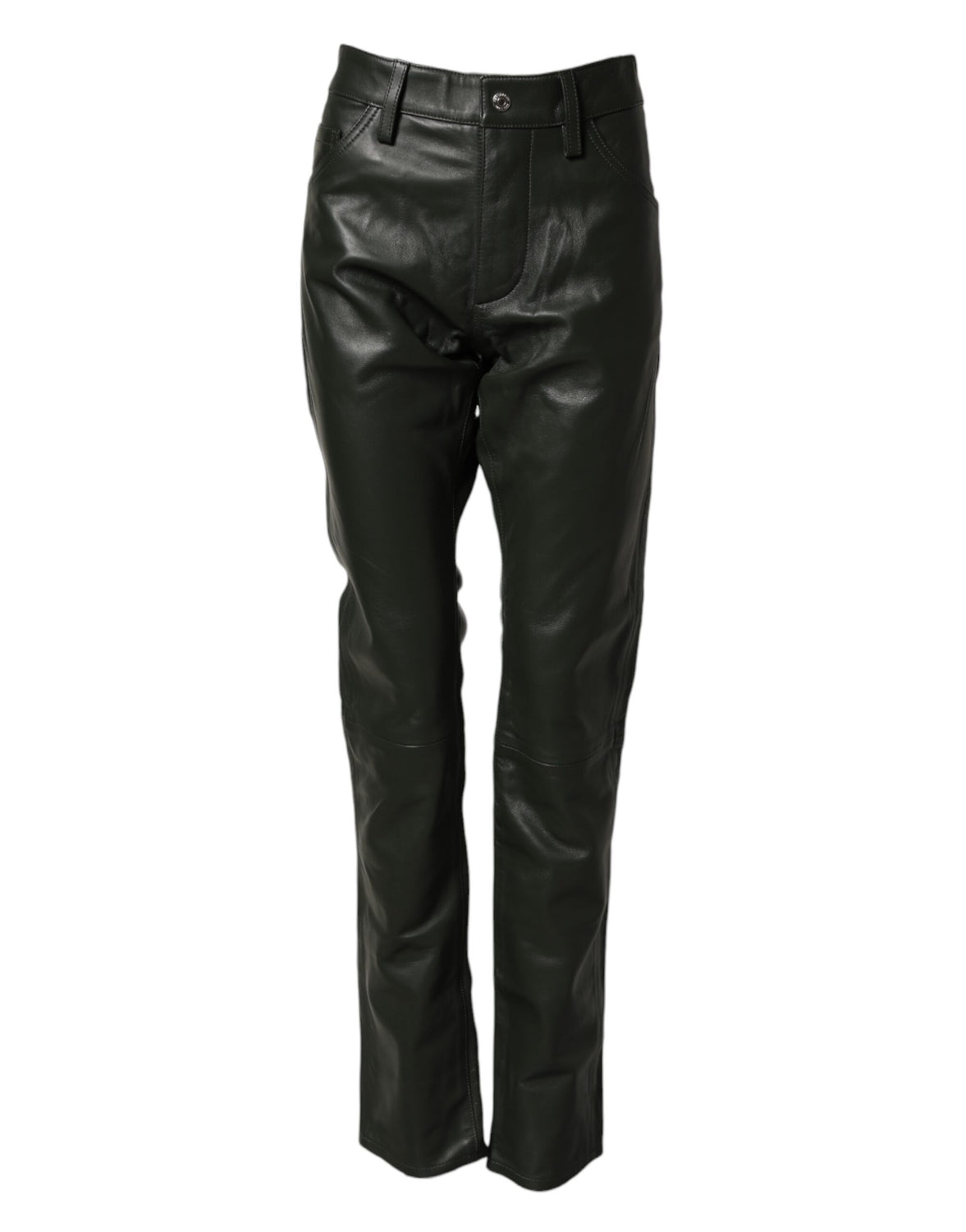 Black Full Grain Leather Mid Waist Trouser Pants