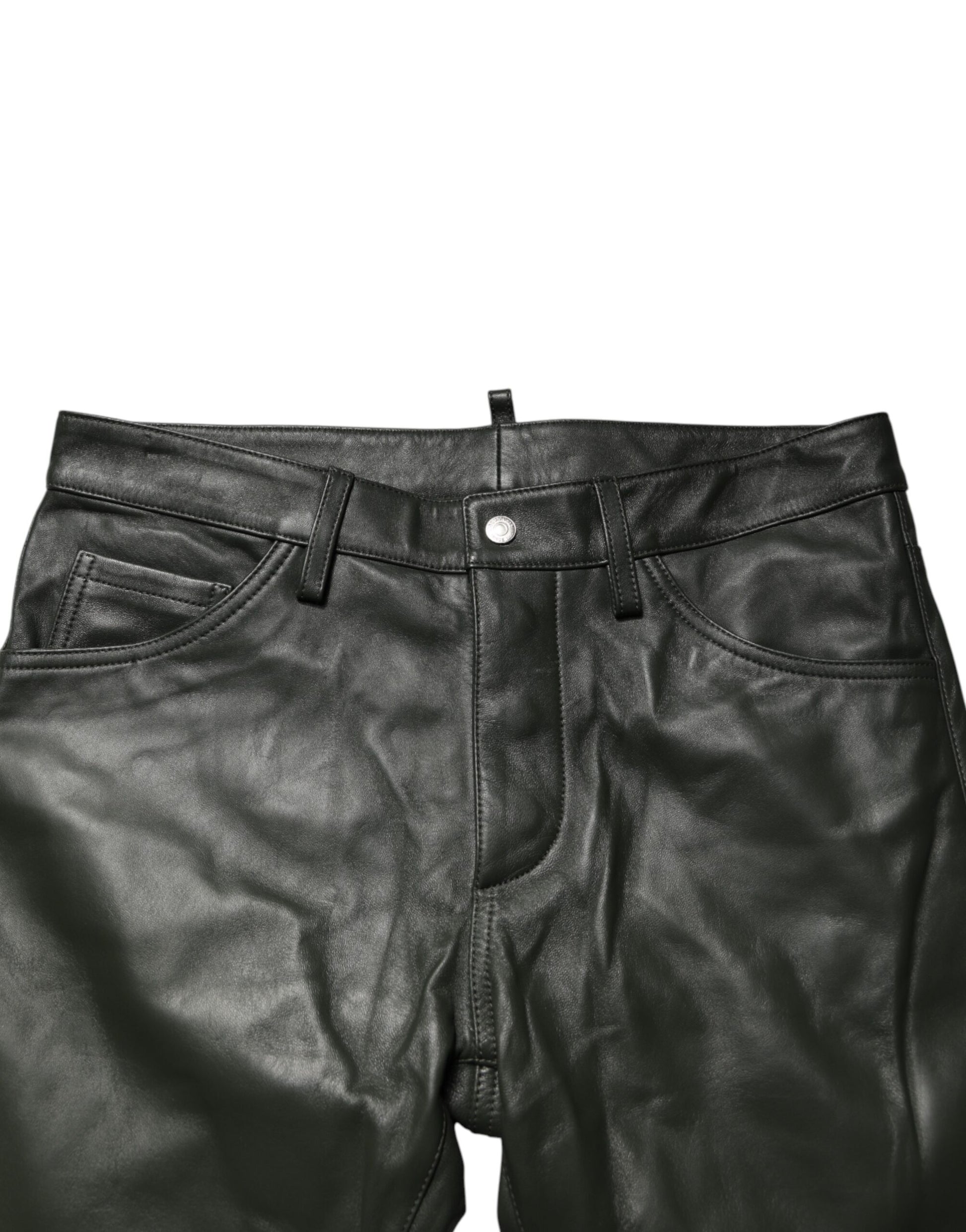 Black Full Grain Leather Mid Waist Trouser Pants