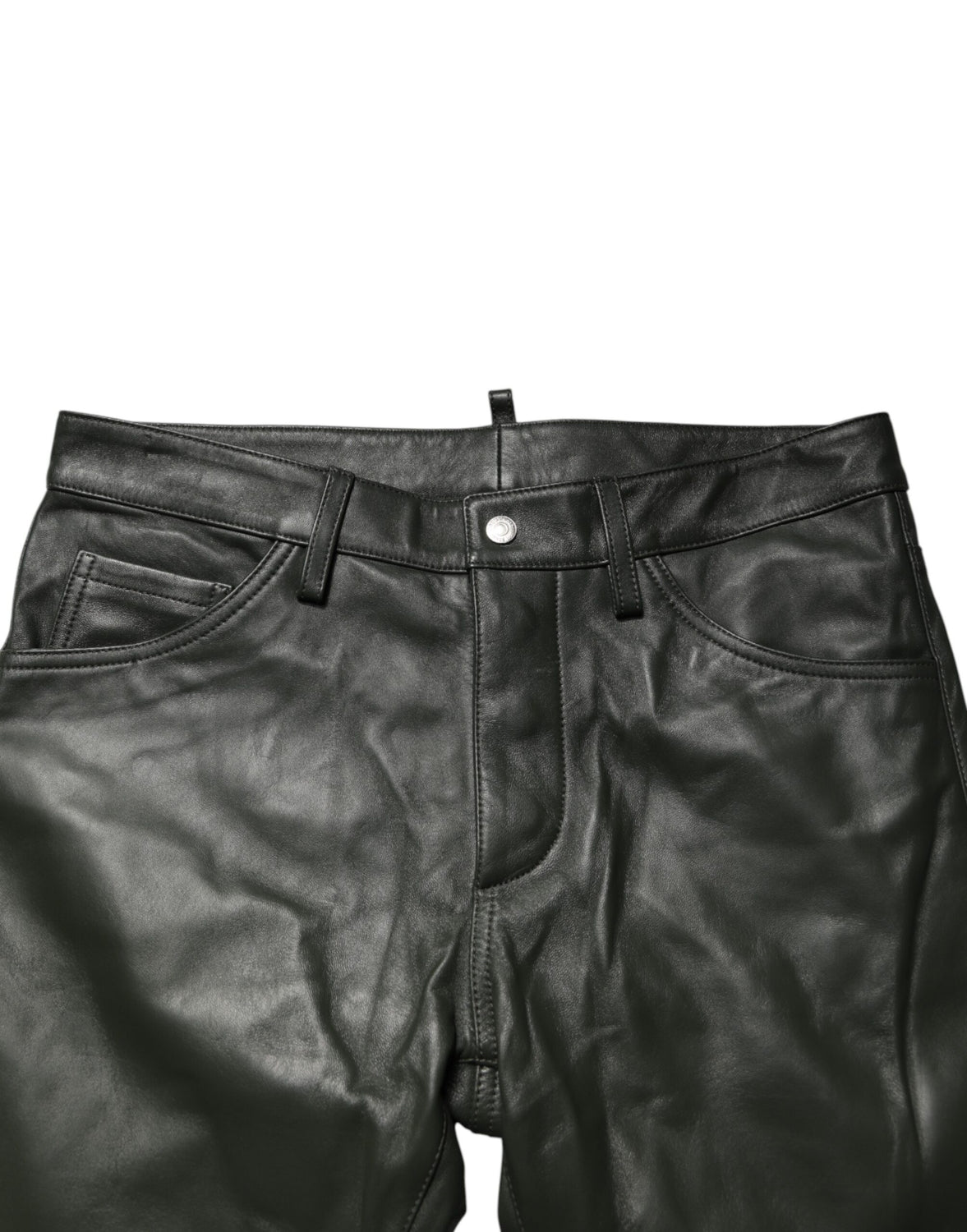 Black Full Grain Leather Mid Waist Trouser Pants