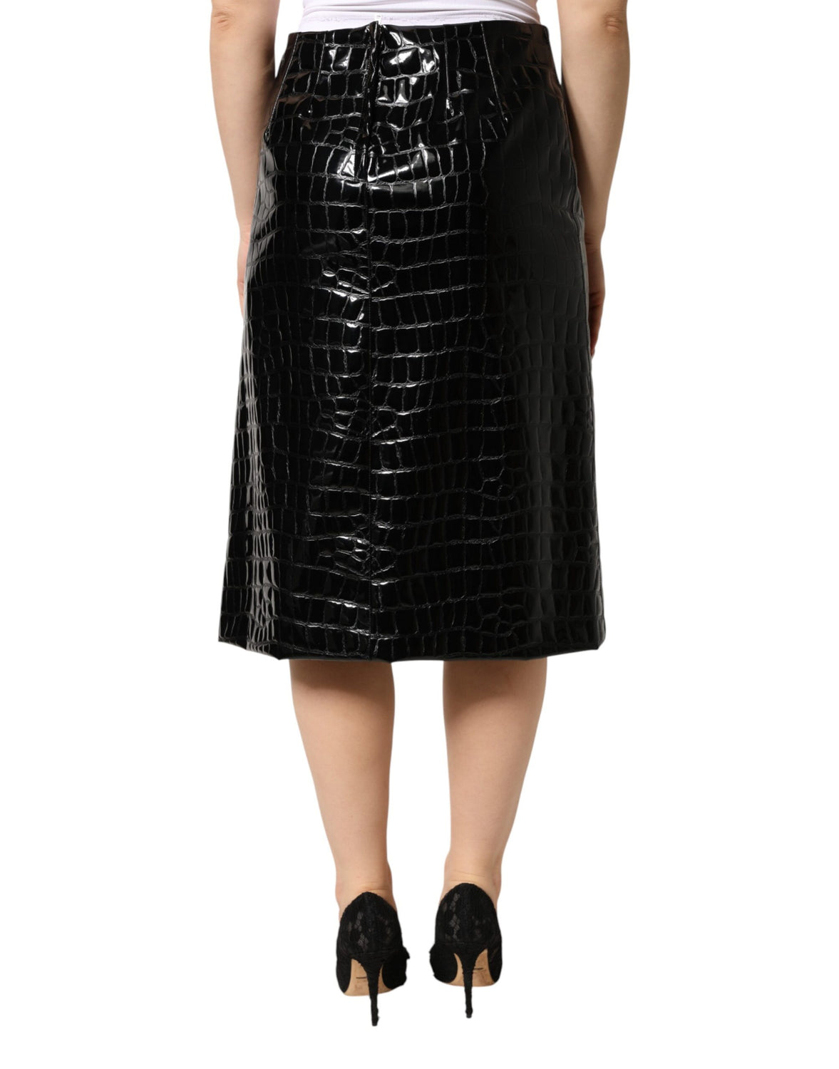 Black Croc Faux-Leather Mid Waist Midi Skirt