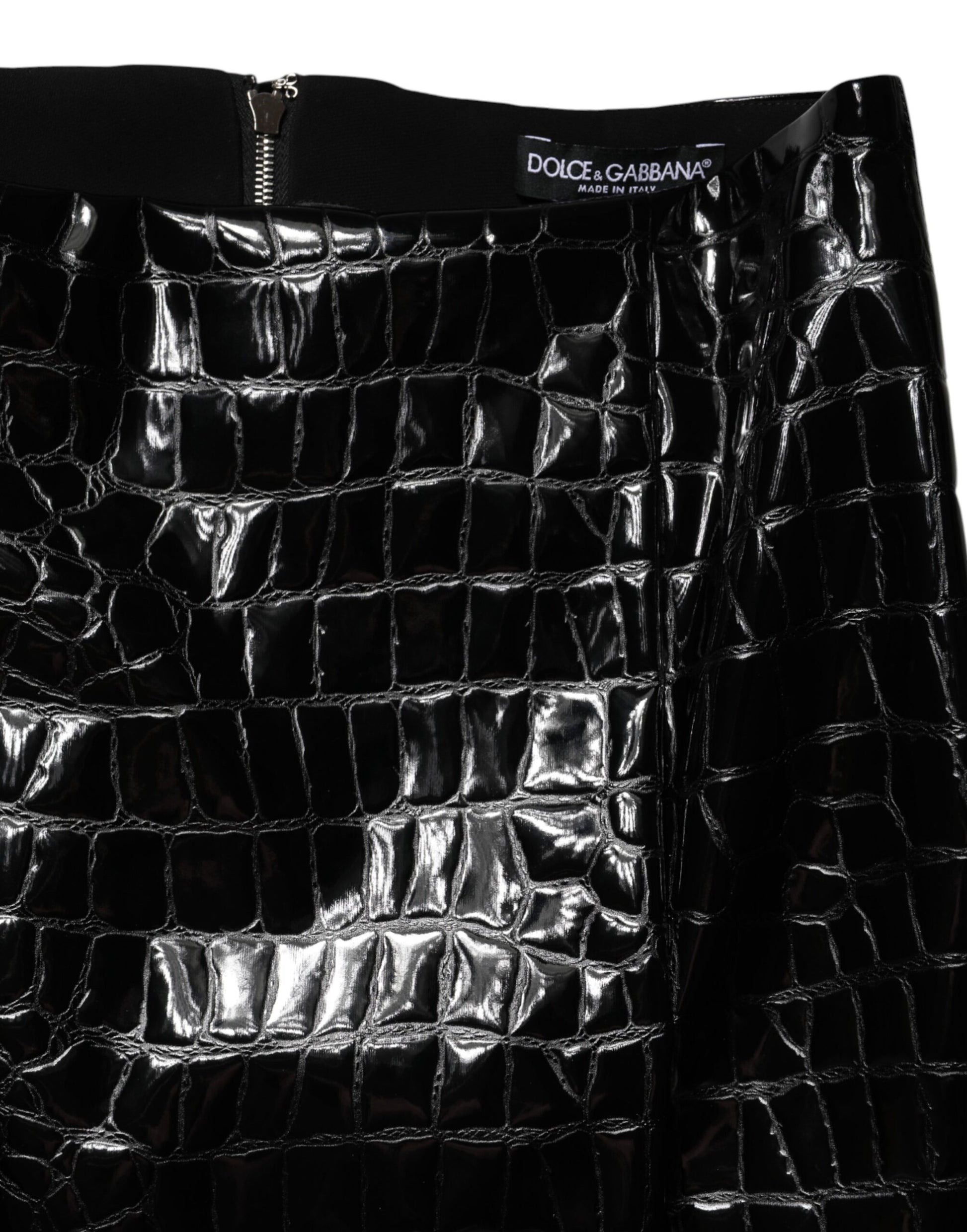 Black Croc Faux-Leather Mid Waist Midi Skirt