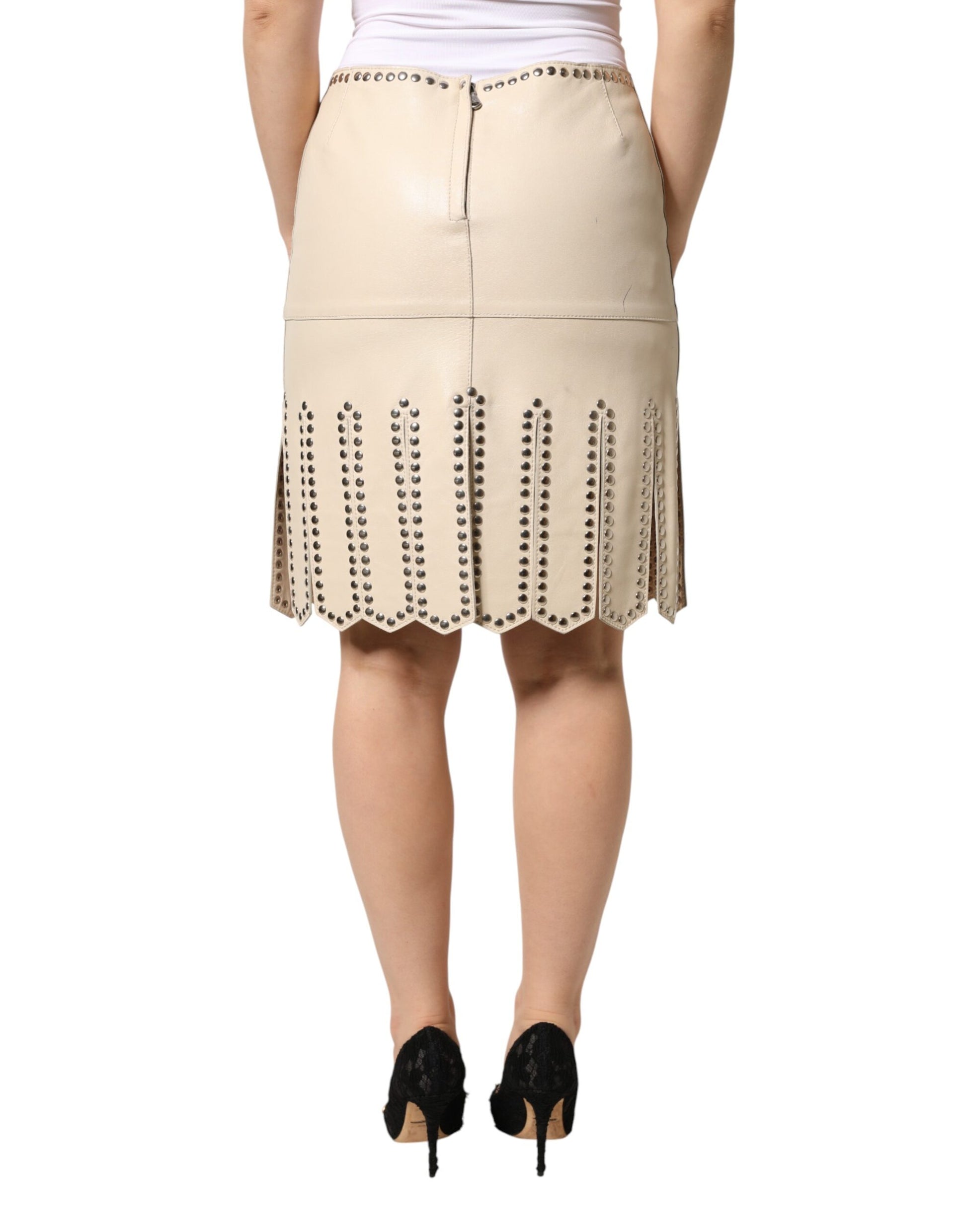 Beige Leather Studs Mid Waist Mini Skirt