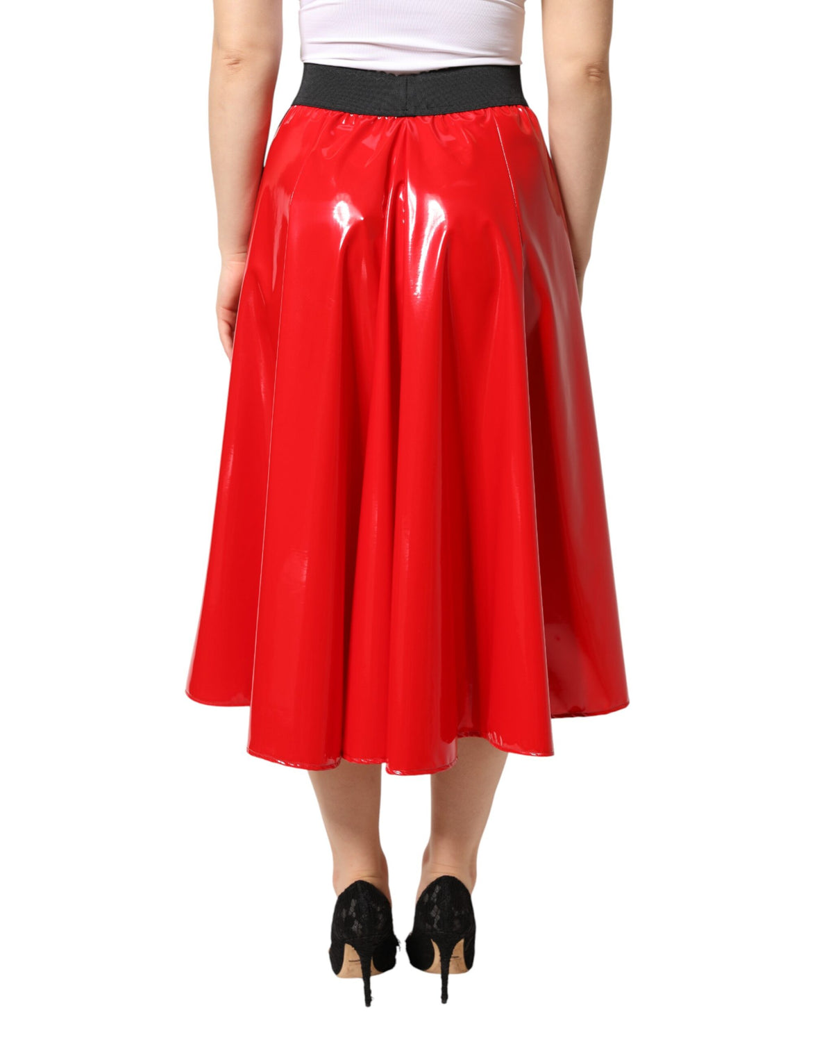 Glossy Red Polyester High Waist Midi Skirt