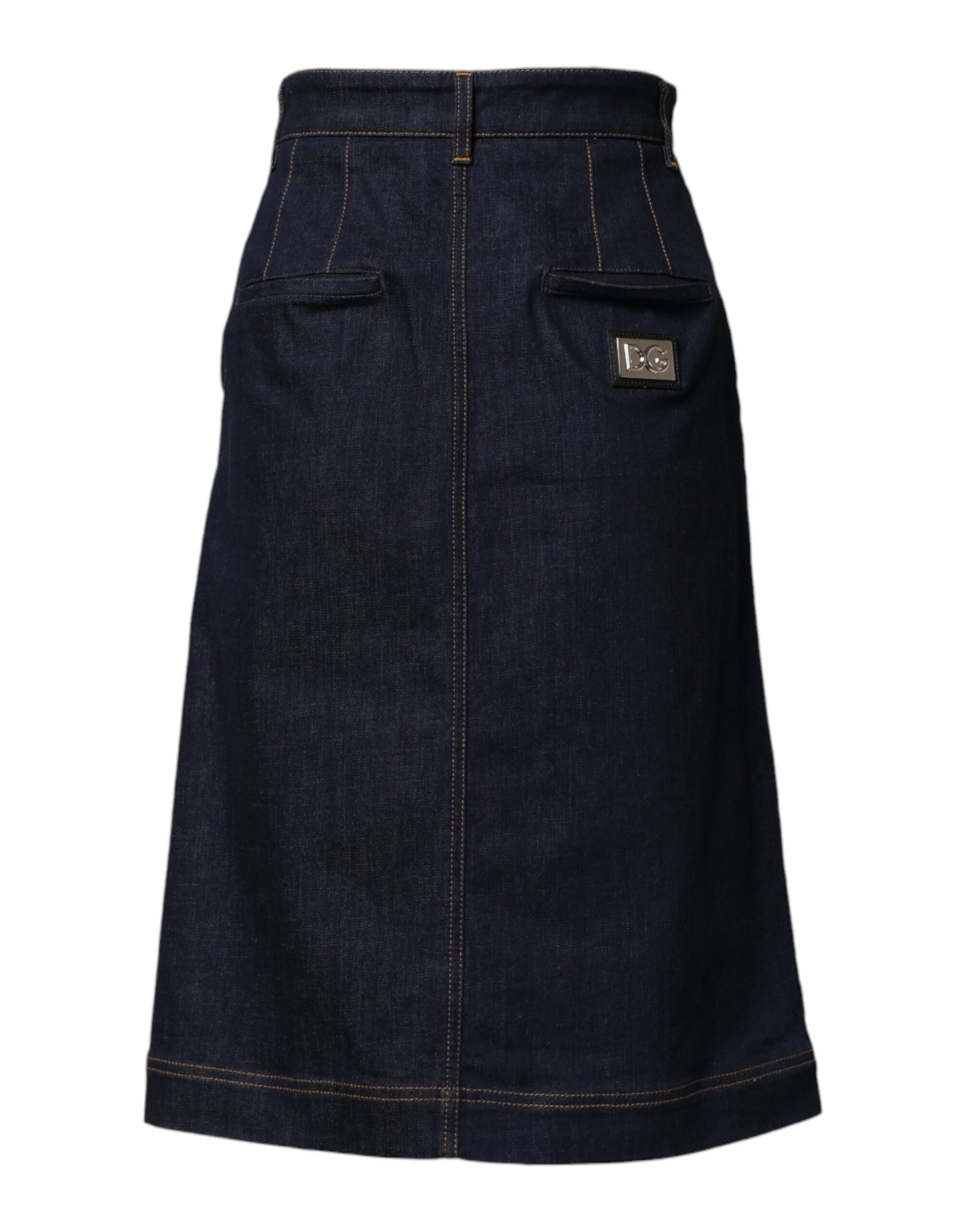 Dark Blue Cotton A-line Denim Midi Skirt