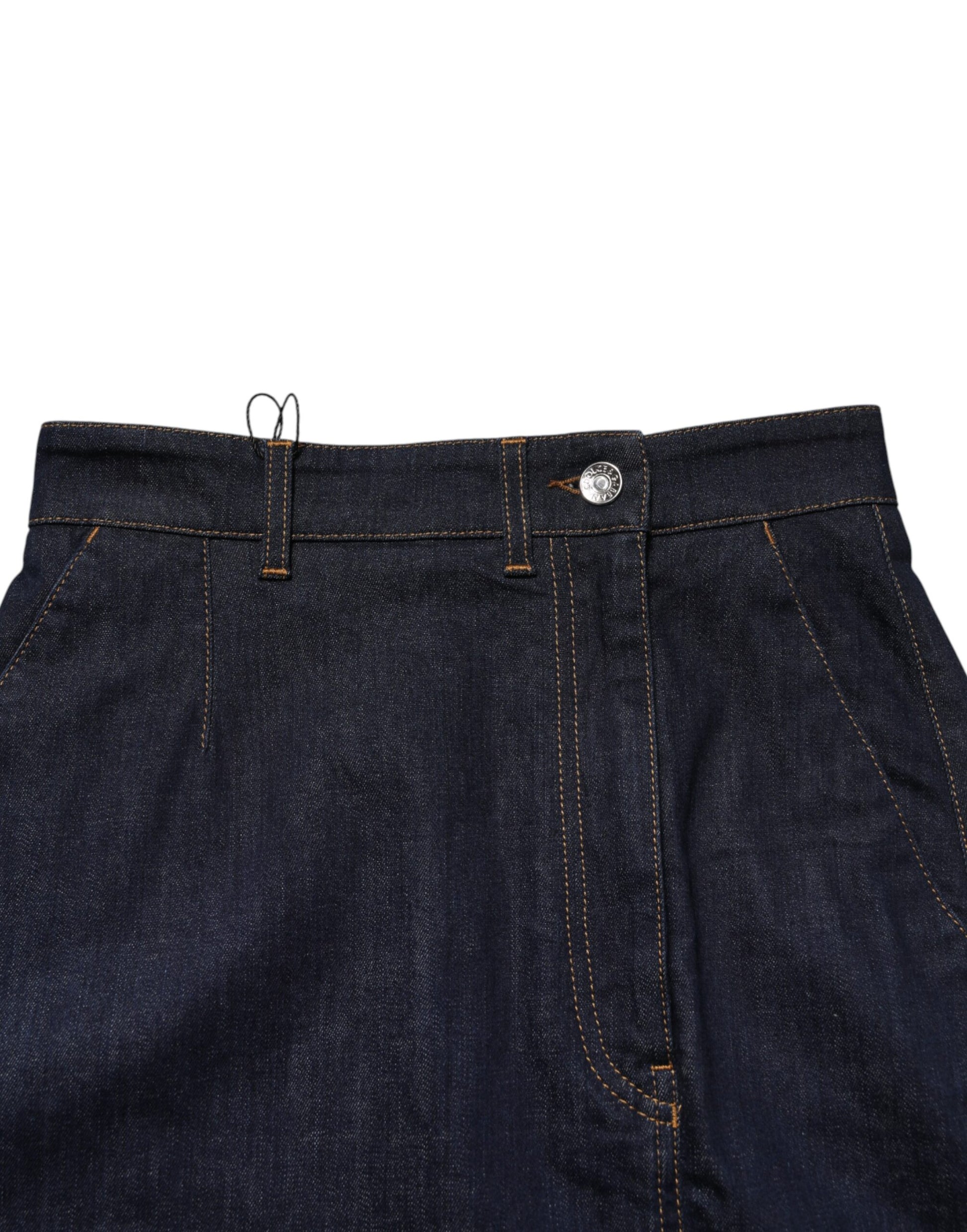 Dark Blue Cotton A-line Denim Midi Skirt