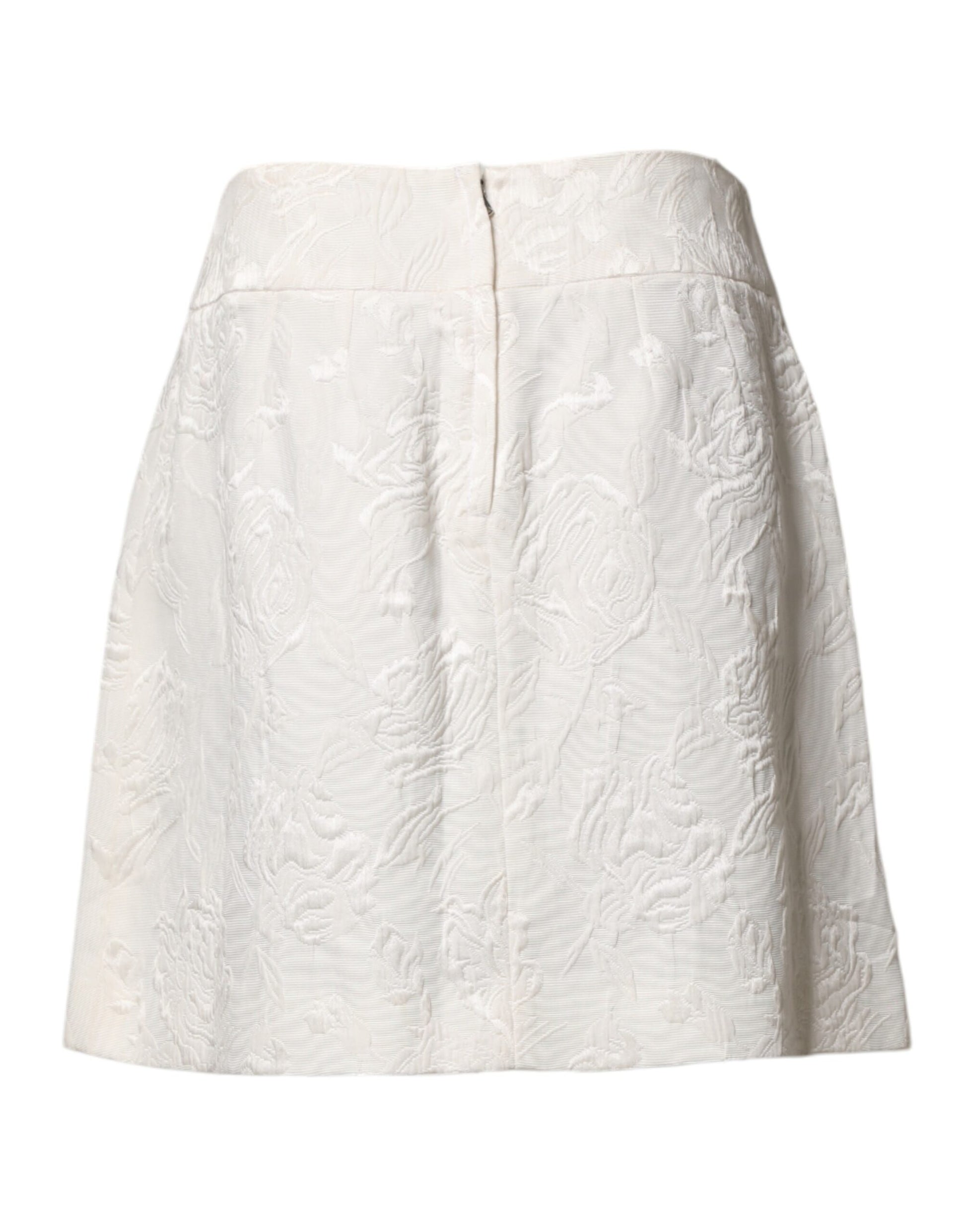 White Floral Brocade High Waist Mini Skirt