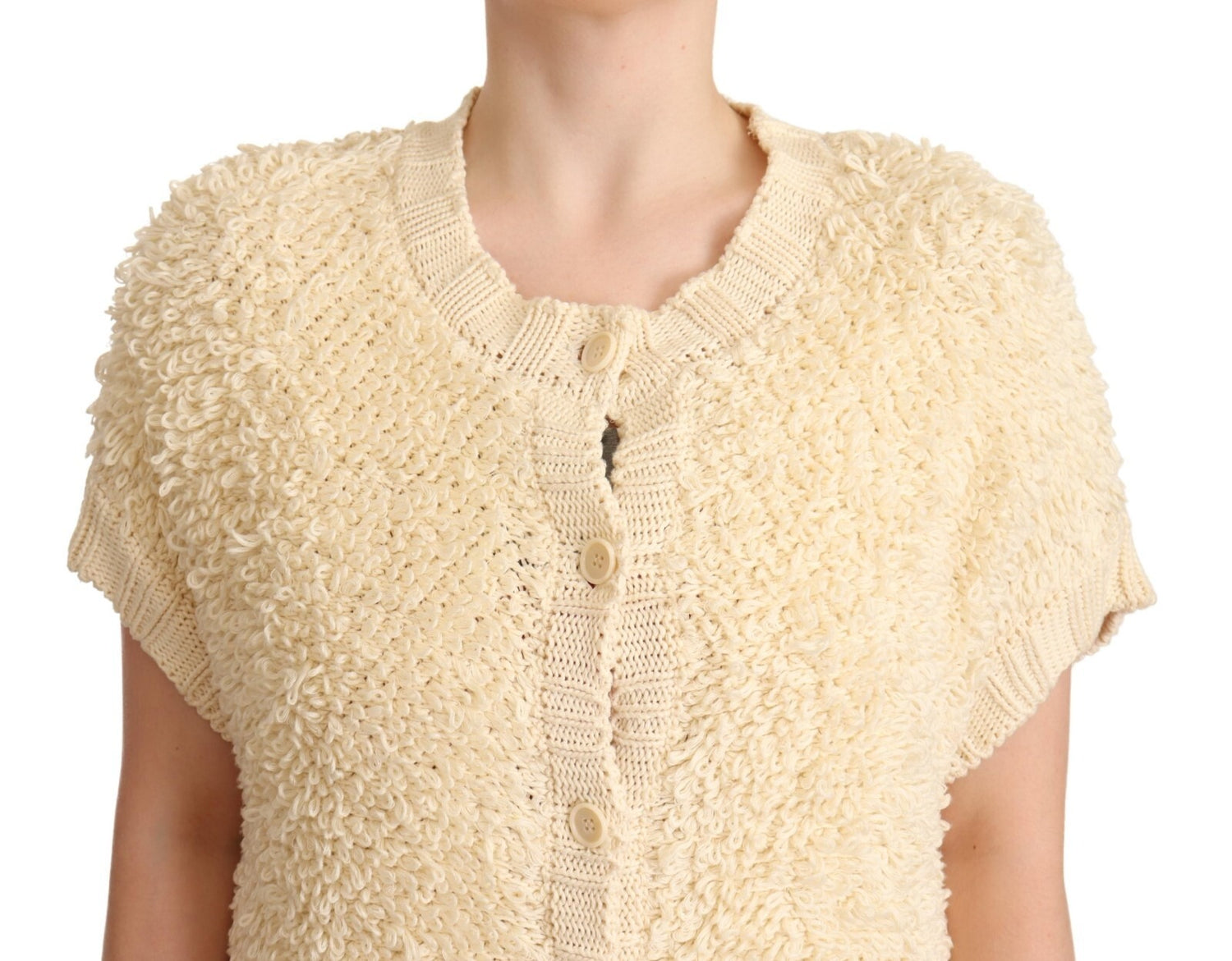 Beige Black Short Sleeve Button Cardigan Sweater