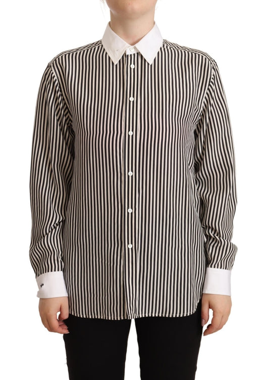 Black White Striped Long Sleeves Collared Top