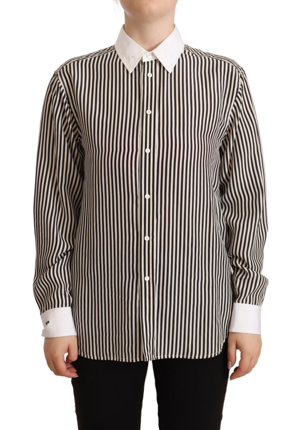 Black White Striped Long Sleeves Collared Top