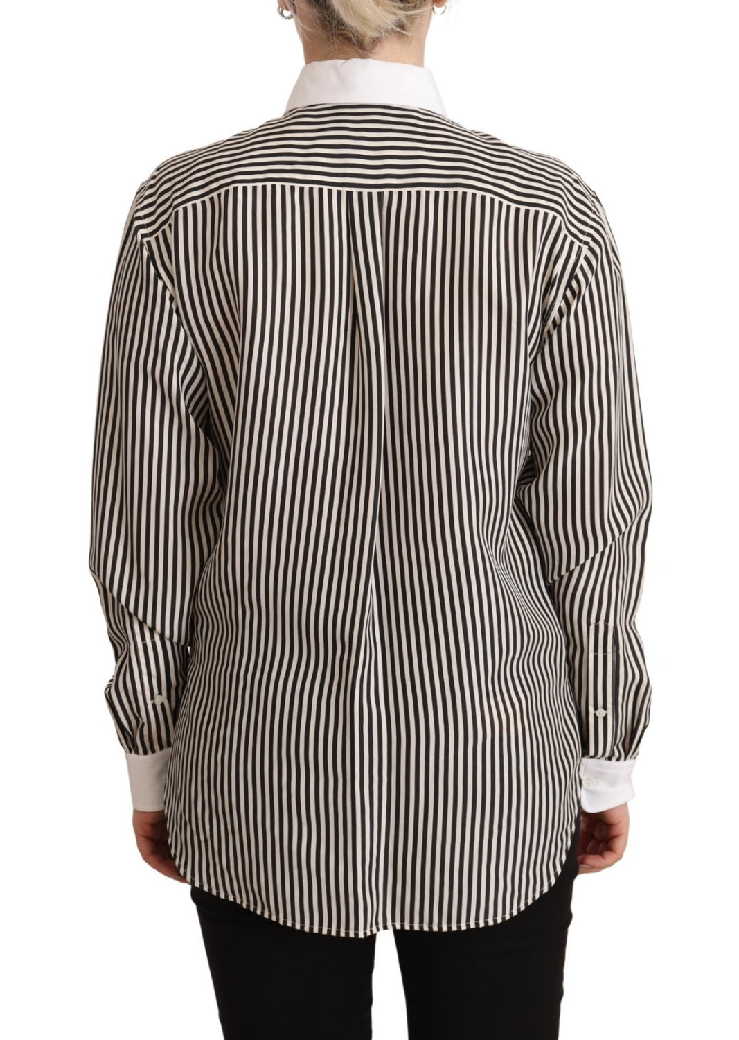 Black White Striped Long Sleeves Collared Top