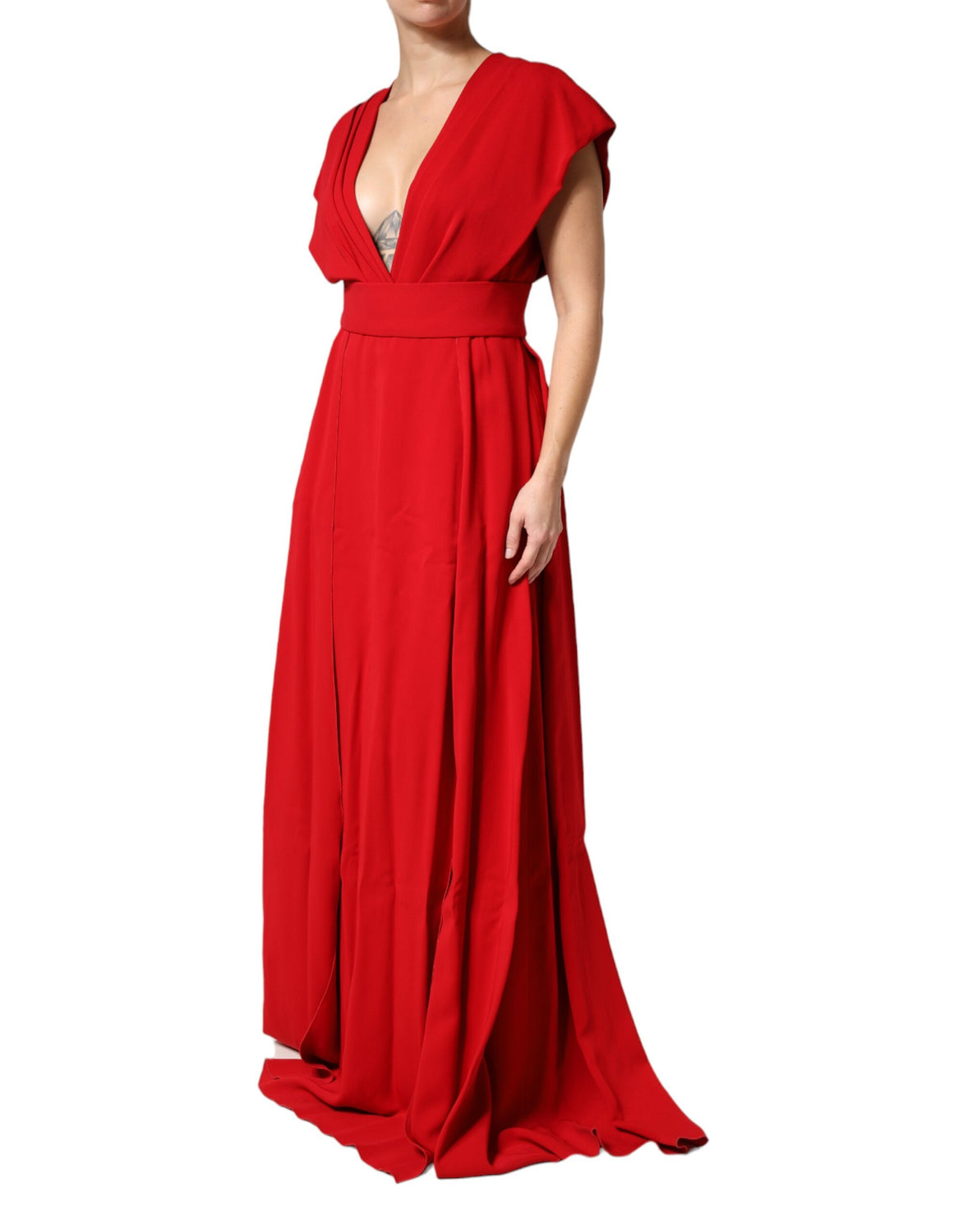 Red Viscose Plunging Neckline Long Maxi Dress