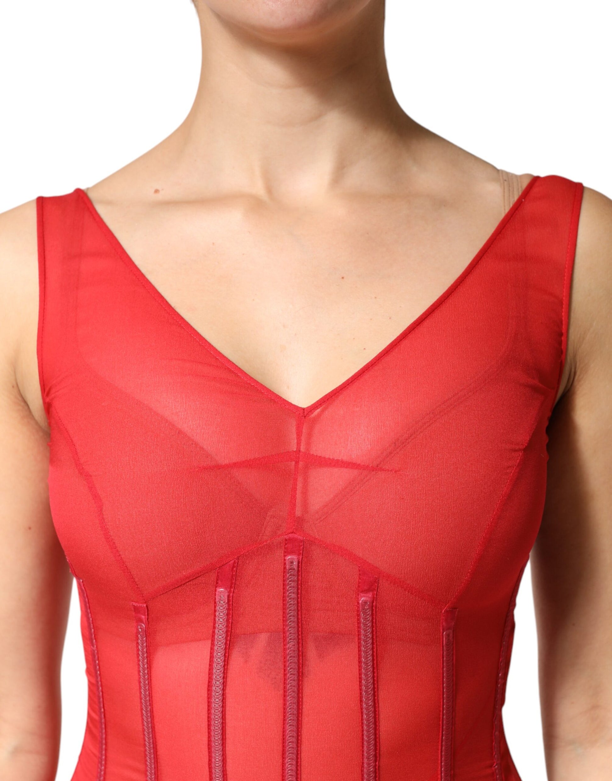 Red Silk Sleeveless Sheath V-neck Midi Dress