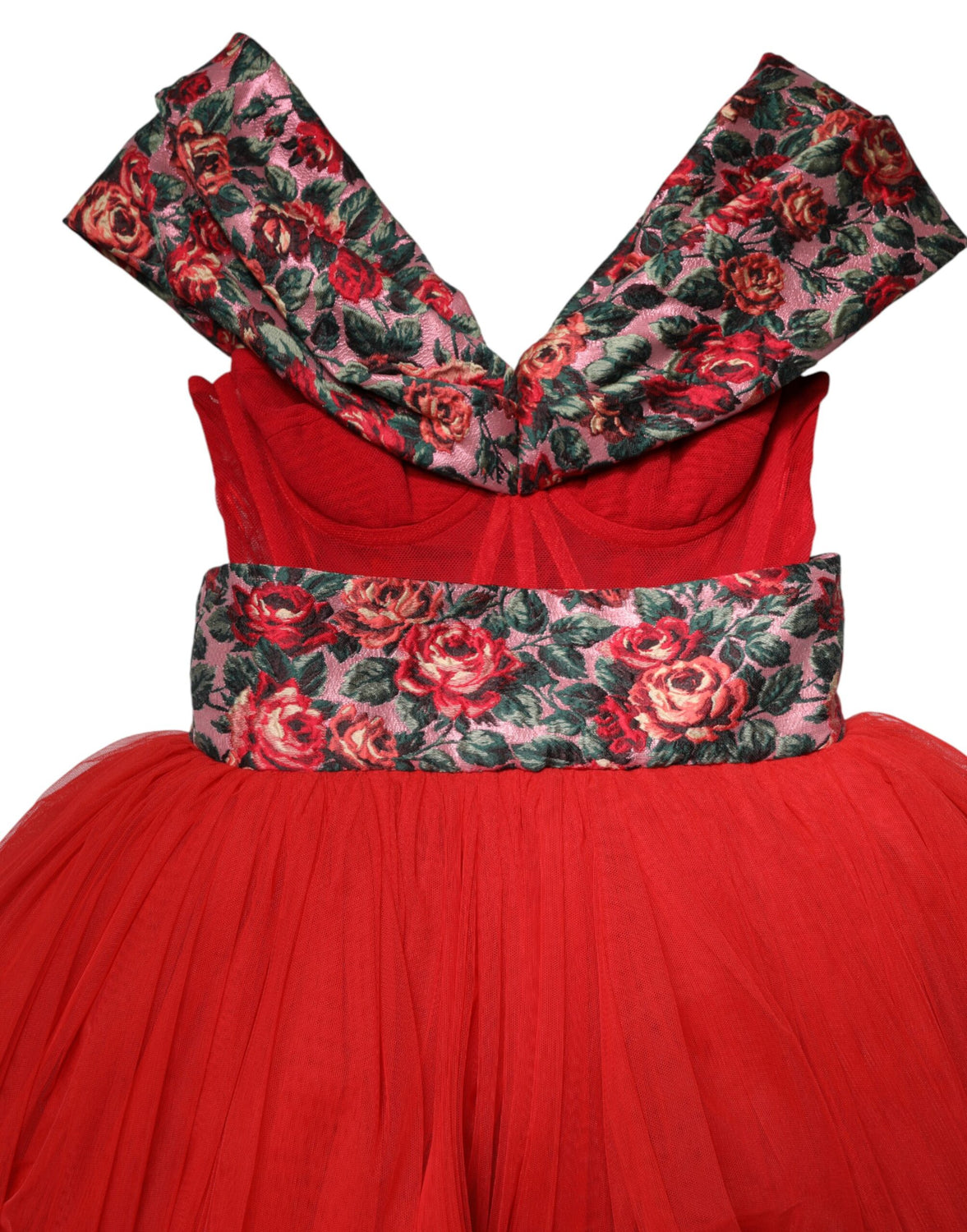Red Floral Off Shoulder A-line Gown Dress
