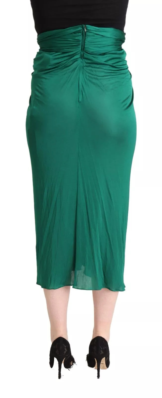 Dark Green High Waist Midi Skirt Pencil Cut Pleated