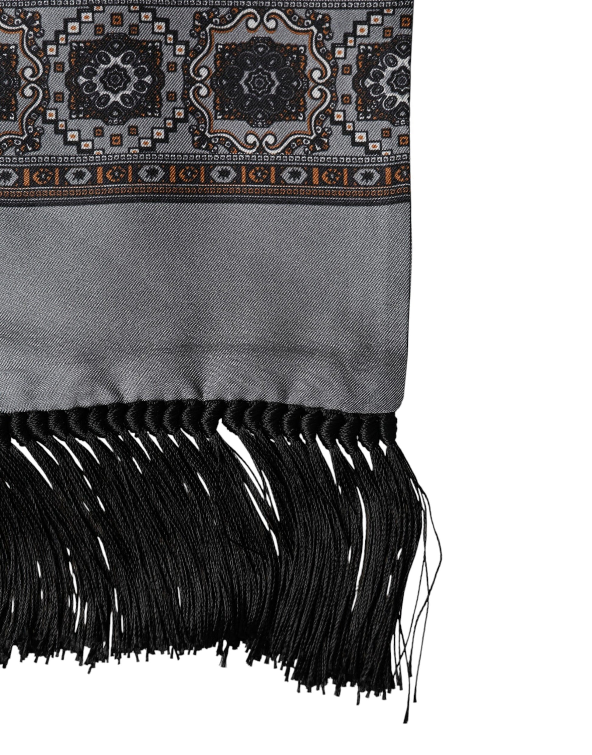 Gray Patterned Fringes Neck Foulard Scarf