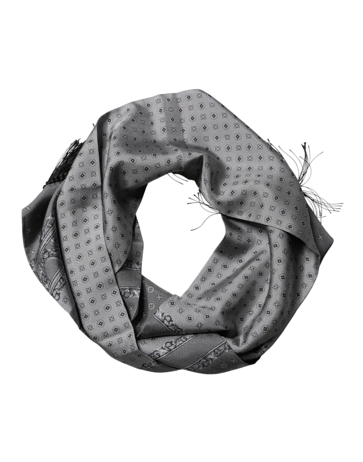 Gray Patterned Fringes Neck Foulard Scarf