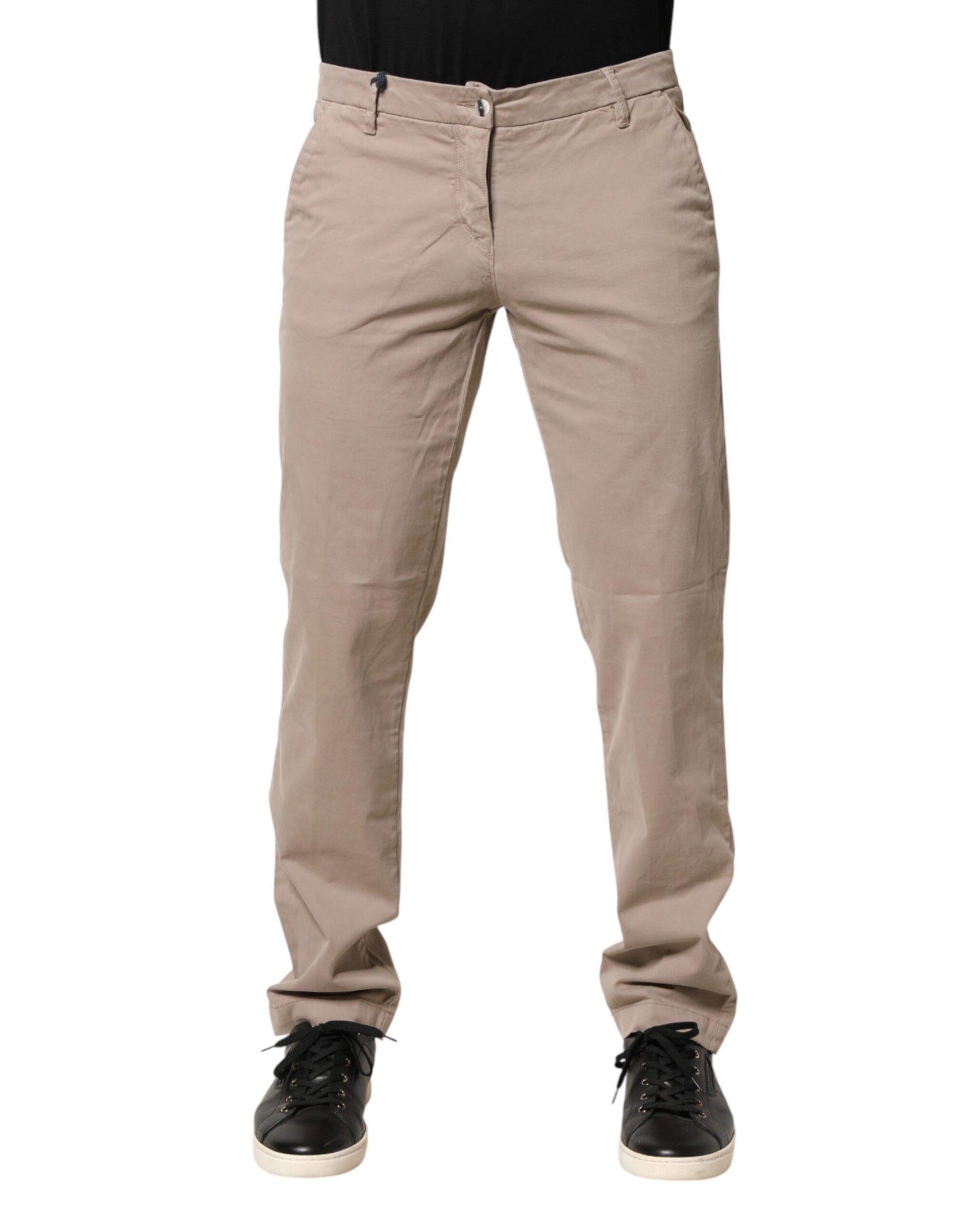 Beige Cotton Stretch Straight Mid Waist Trouser Pants