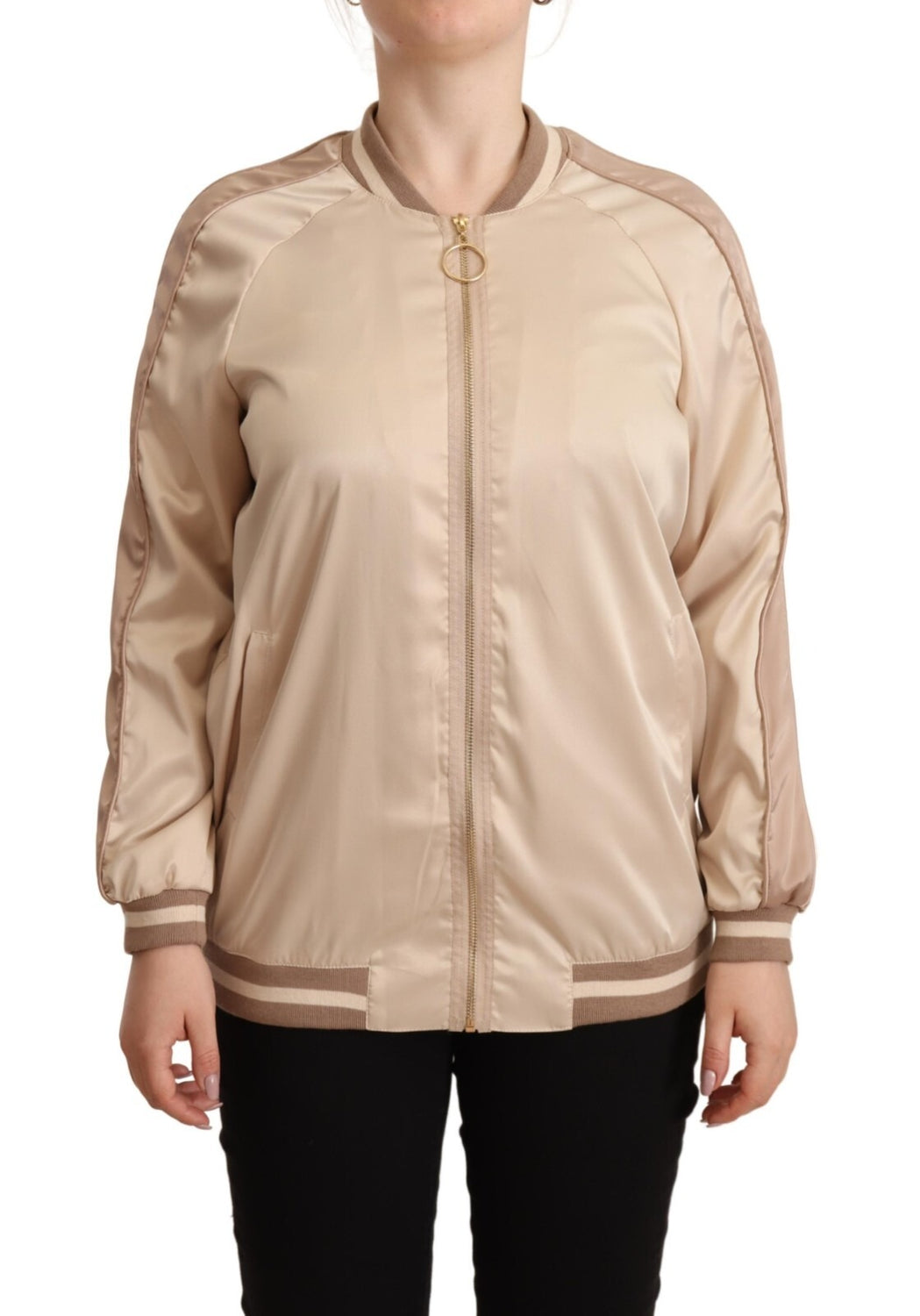 Bomber Full Zip Beige Long Sleeves Polyester Jacket